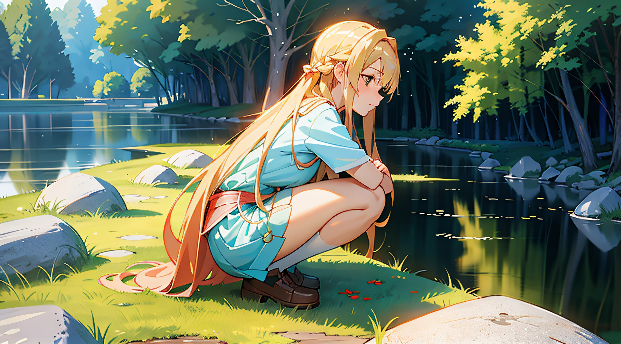 Anime girl sitting on a stone by a pond in the park, Blonde anime girl with long hair, asuna yuuki, asuna from sao, beautiful anime girl crouching, ilya kuvshinov with long hair, the anime girl is crouching, Anime girl with long hair, Smooth anime CG art, beautiful alluring anime teen, drawn in anime painter studio