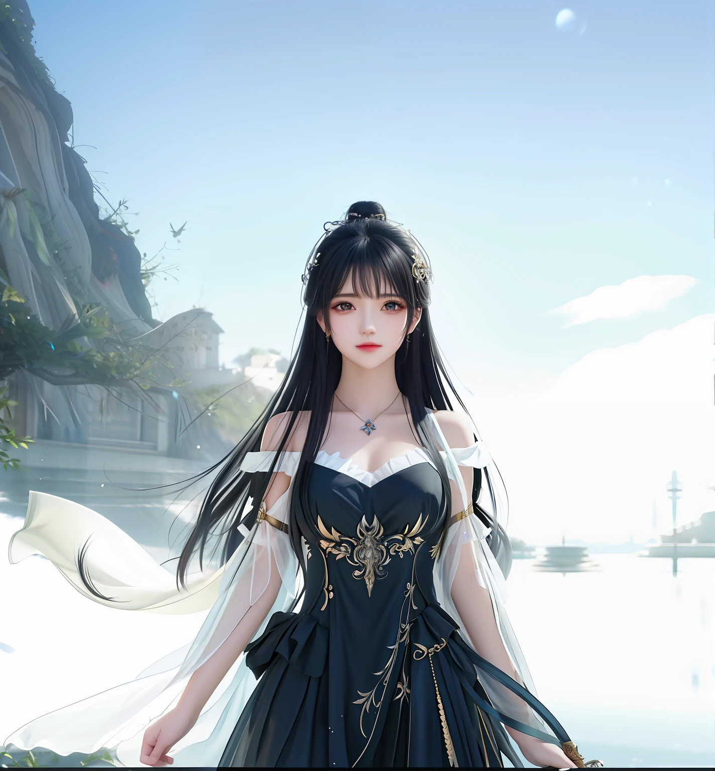 Best quality,tmasterpiece,A high resolution,CG,
1girll,arma,The sword,long whitr hair,shift dresses,Eau,独奏,jewely,black color dress,耳Nipple Ring,hair adornments,spatter,The upper part of the body,hair-bun,brunette color hair,
illuminating,Frankness,photore,A high resolution,4k,8k,bokeh,