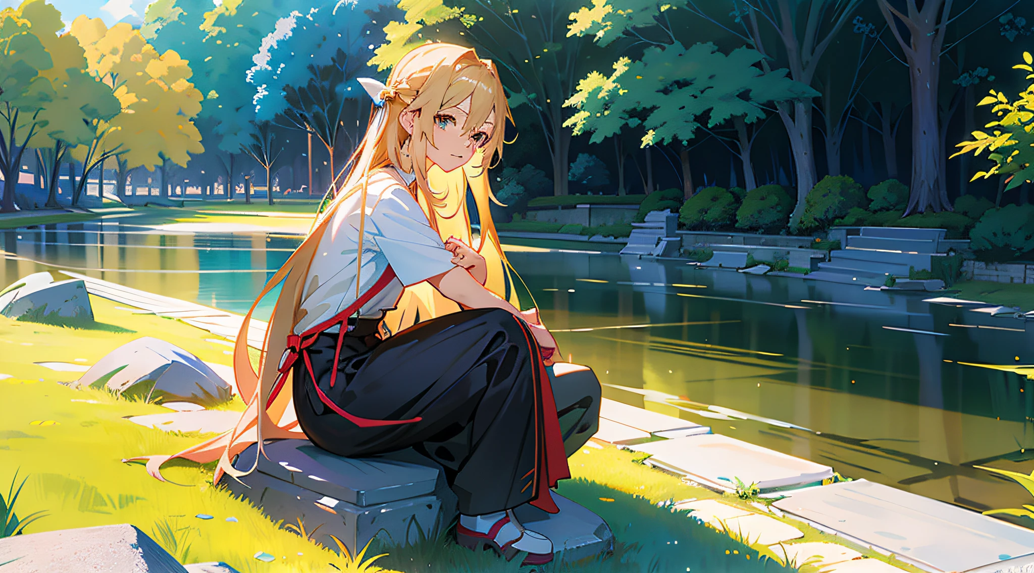 Anime girl sitting on a stone by a pond in the park, Blonde anime girl with long hair, asuna yuuki, asuna from sao, beautiful anime girl crouching, ilya kuvshinov with long hair, the anime girl is crouching, Anime girl with long hair, Smooth anime CG art, beautiful alluring anime teen, drawn in anime painter studio