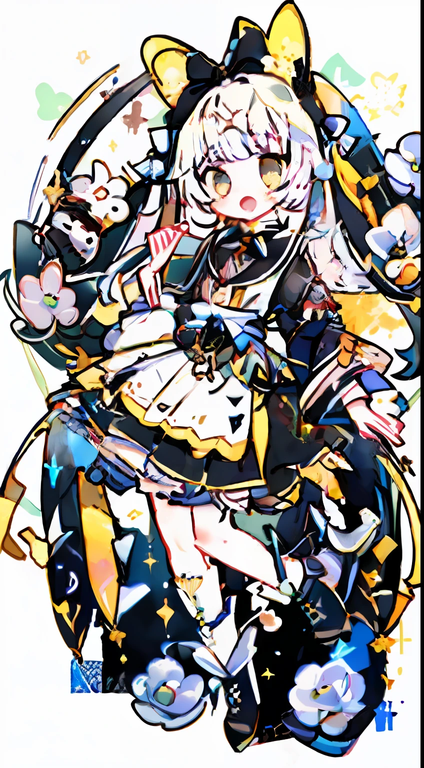 skirt by the、One girl、校服、white  hair、Twin-tailed、black ribbon on the head、yellow  eyes、Glitter、kirakira、beautidful eyes、Beautiful eyes、​masterpiece、Top image quality、top-quality、double tooth、cute little、stele、Pop backgrounds、Standing Picture、full bodyesbian、