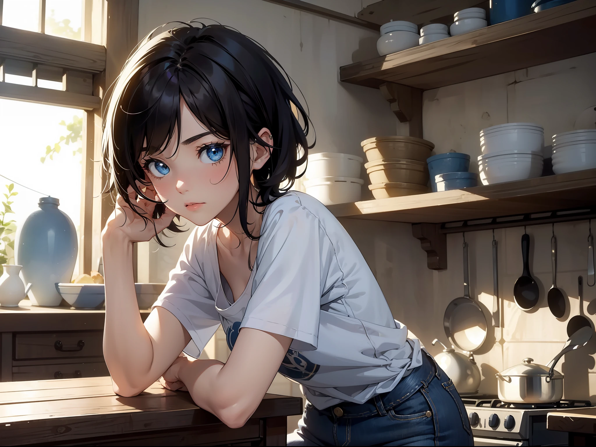 Masterpiece, Best quality,Girl with tangled mouse ears,Next to the big rice cylinder,with short black hair,Realisticstyle,White T-shirt,Shabby kitchen in blue jeans,The mouse's eyes glow;