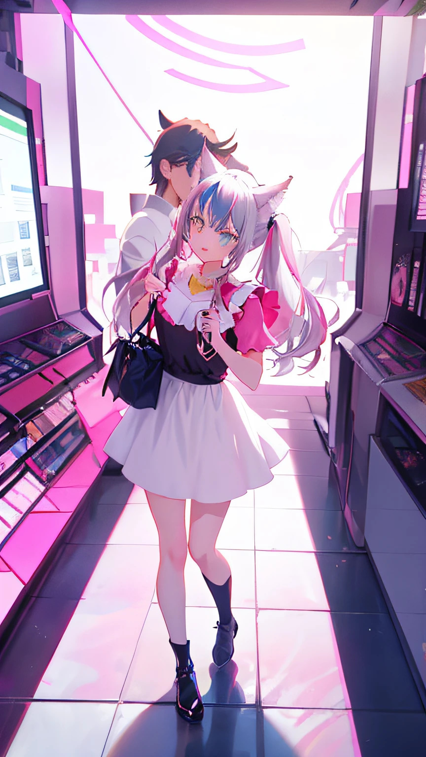 Anime girls wearing pink and white dresses，Cat ears, Holo is a wolf girl, holo if a wolf girl, anime cat girl in a maid costume, holograph, anime girl named lucy, render of april, anime moe art style, loli in dress, !!Full body portrait!!, anime vtuber full body model