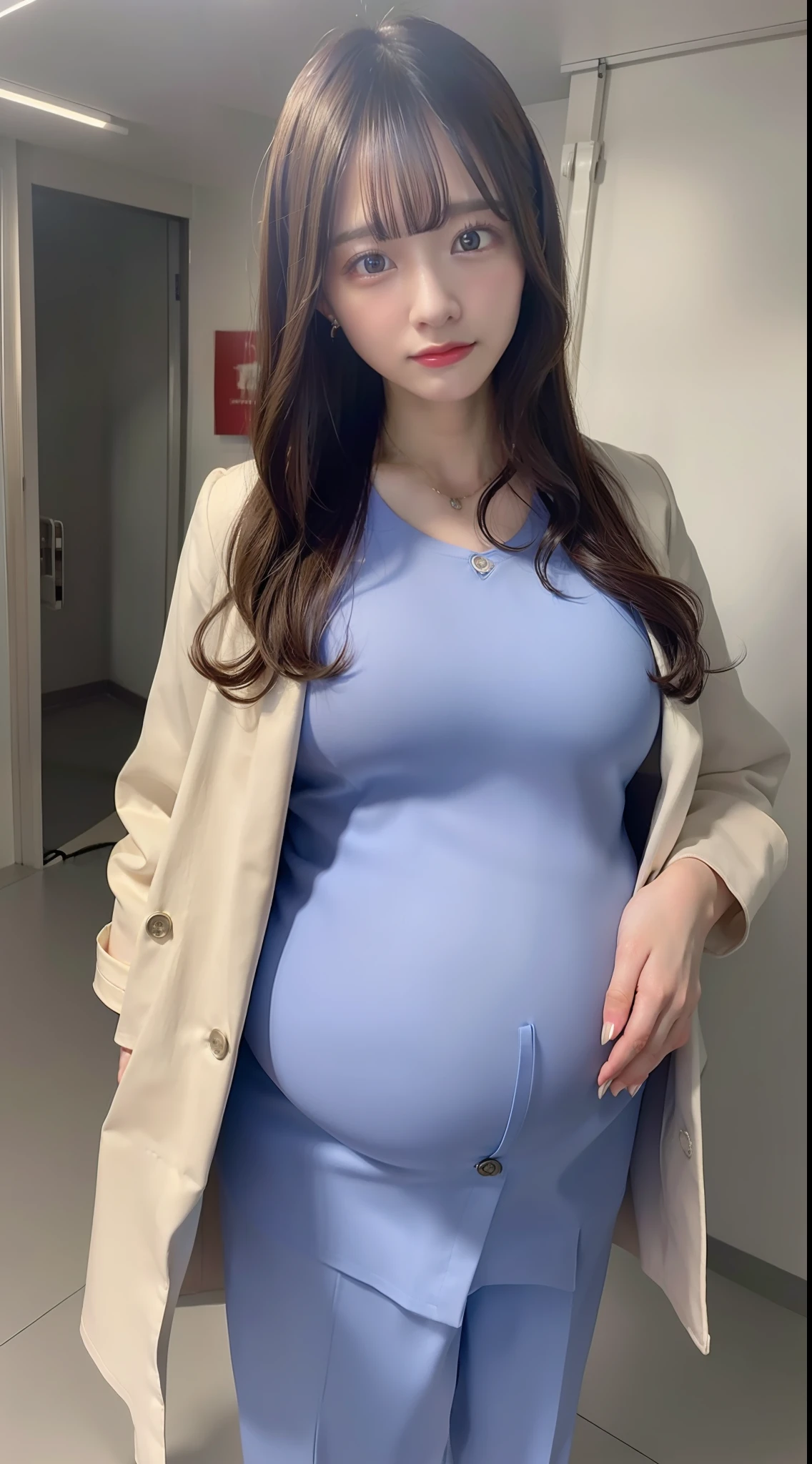 (8k, RAW Photo, Best Quality, Masterpiece: 1.2), (Realistic, Realistic: 1.37), Ultra High Resolution, Photon Mapping, Physically Based Rendering, 1 doctor girl 30 years old, doctor coat, long pants, long curly hair, bangs, big pregnant standing, hospital,