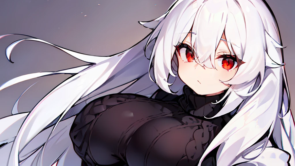 mejor calidad, woman, (((white long hair))), ((((hip length turtleneck sweater black)))), ((red eyes)), big breast, bangs between the eyes,bangs between the eyes, full body, bedroom