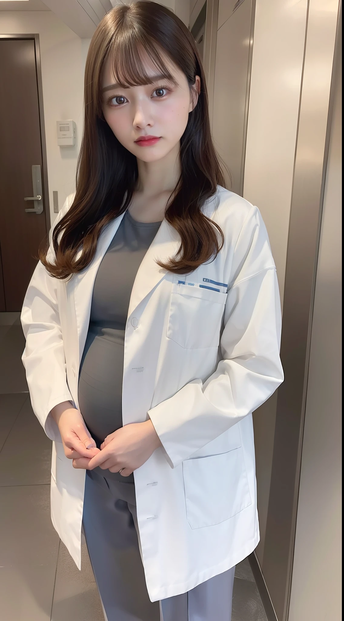 (8k, RAW Photo, Best Quality, Masterpiece: 1.2), (Realistic, Realistic: 1.37), Ultra High Resolution, Photon Mapping, Physically Based Rendering, 1 doctor girl 30 years old, doctor coat, long pants, long curly hair, bangs, big pregnant standing, hospital,