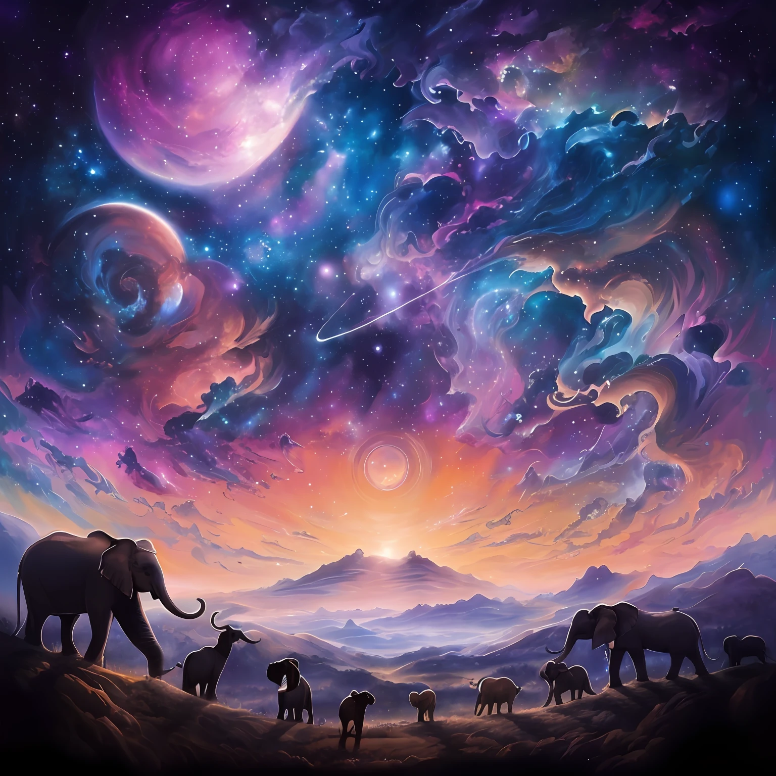 painting of a group of elephants and other animals in a field, epic surrealism 8k oil painting, detailed dreamscape, enchanting and otherworldly, cosmic landscape, painting of a dreamscape, science fantasy painting, surreal space, cosmic skies, cosmic and colorful, endless cosmos in the background, galactic landscape, cosmic sky, visionary art style, beautiful art uhd 4 k