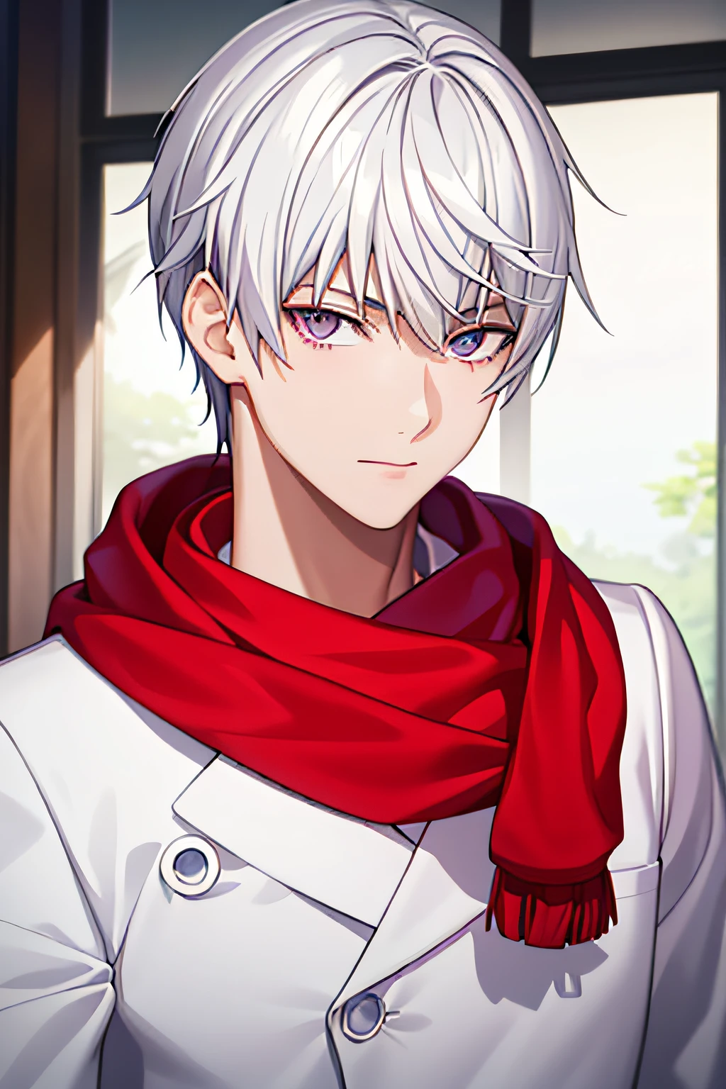 masterpiece, best quality, high quality, 1boy, solo, male focus, looking at viewer, upper body, tsukasa_eishi, white_hair, red_scarf