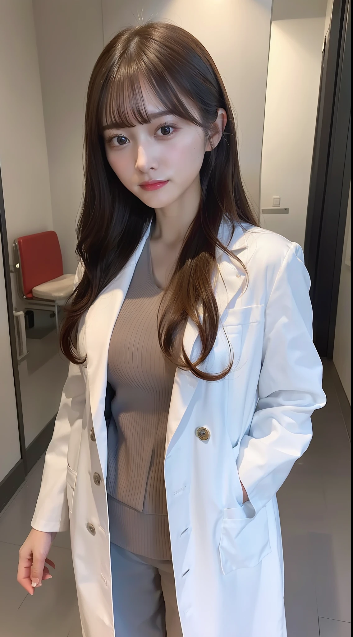 (8k, RAW Photo, Best Quality, Masterpiece: 1.2), (Realistic, Realistic: 1.37), Ultra High Resolution, Photon Mapping, Physically Based Rendering, 1 doctor girl 30 years old big tits, doctor coat, trousers, long curly hair, bangs, standing, hospital,