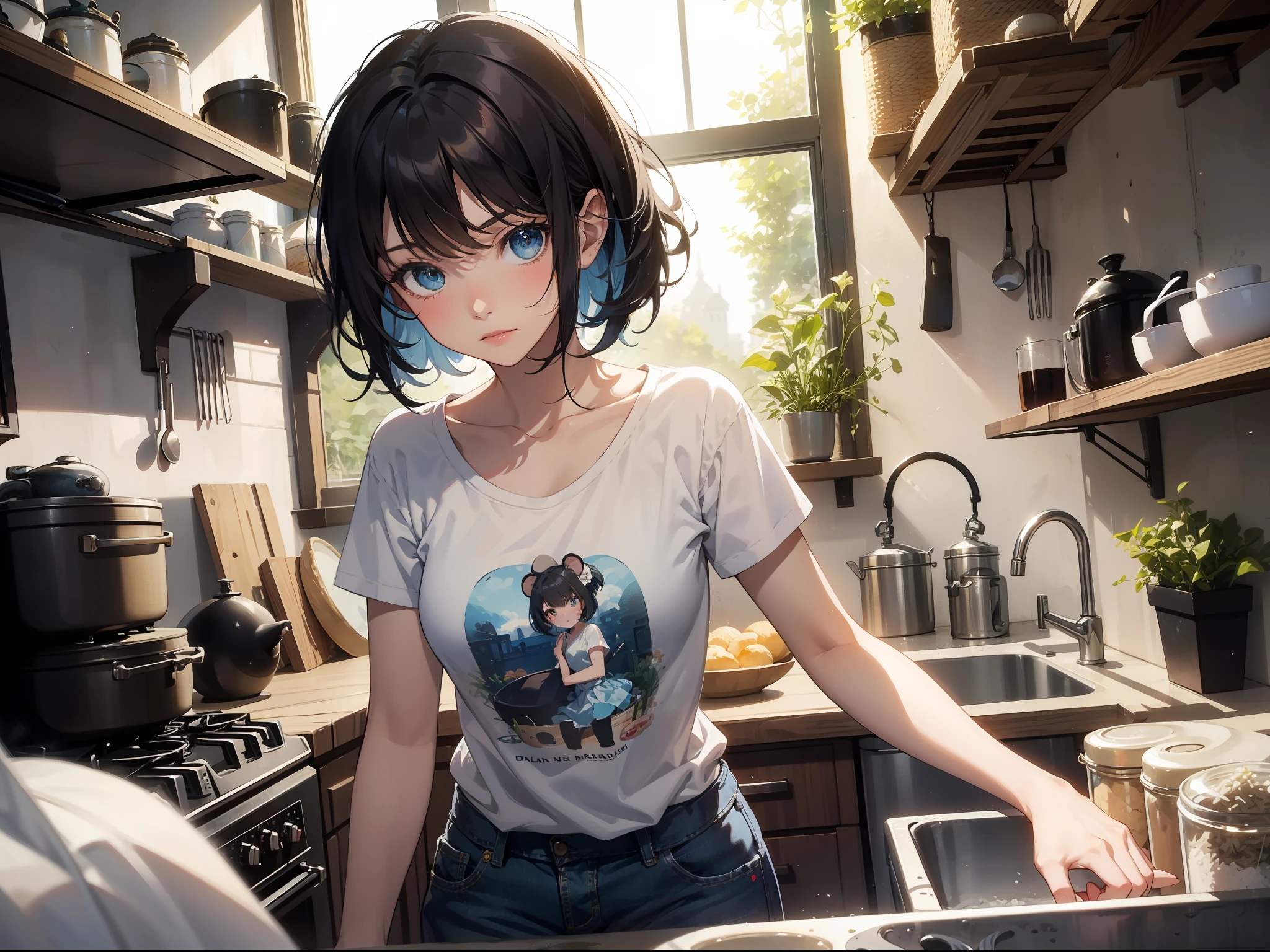 Masterpiece, Best quality,Girl with tangled mouse ears,Next to the rice cylinder,with short black hair,Realisticstyle,White T-shirt,Shabby kitchen in blue jeans,The mouse's eyes glow;