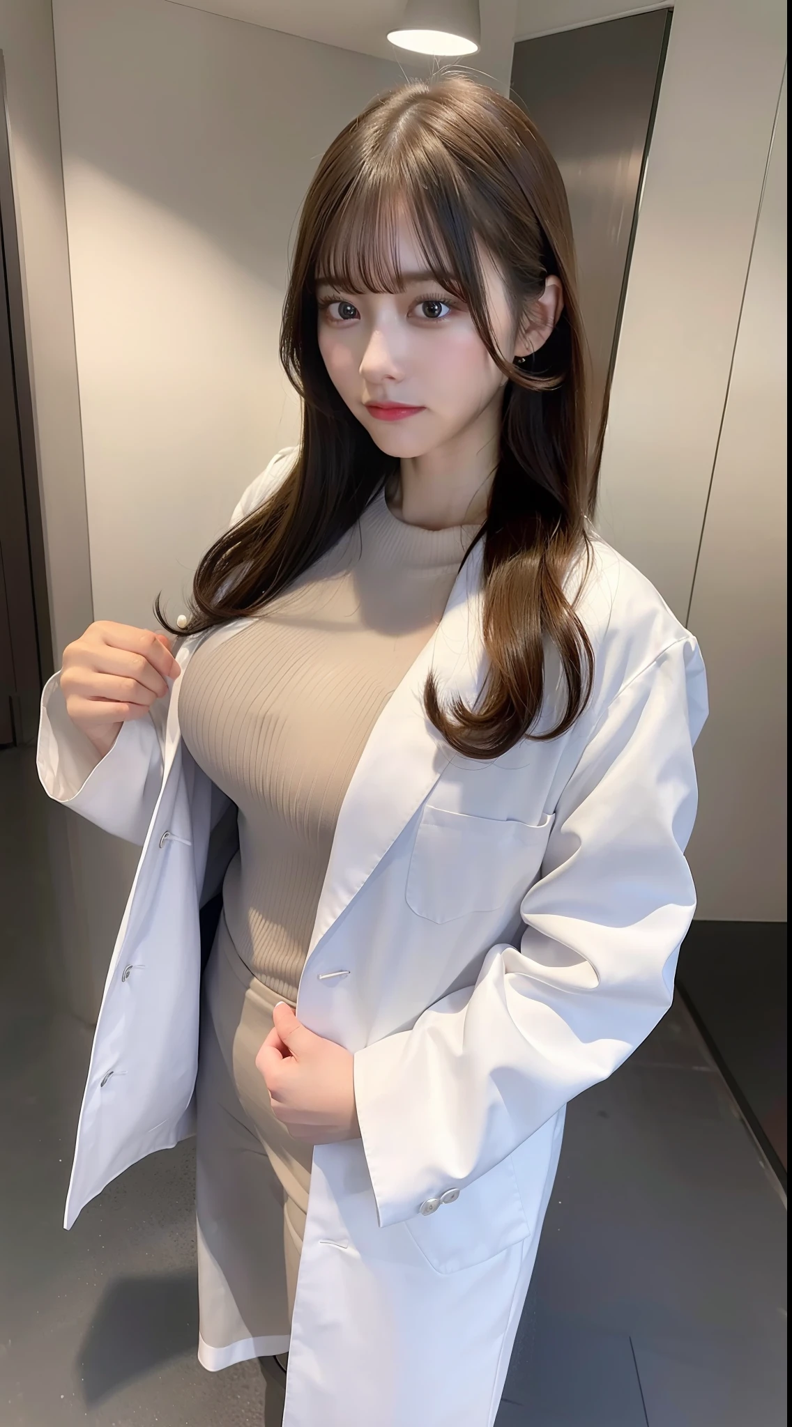 (8k, RAW Photo, Best Quality, Masterpiece: 1.2), (Realistic, Realistic: 1.37), Ultra High Resolution, Photon Mapping, Physically Based Rendering, 1 doctor girl 30 years old big tits, doctor coat, trousers, long curly hair, bangs, standing, hospital,