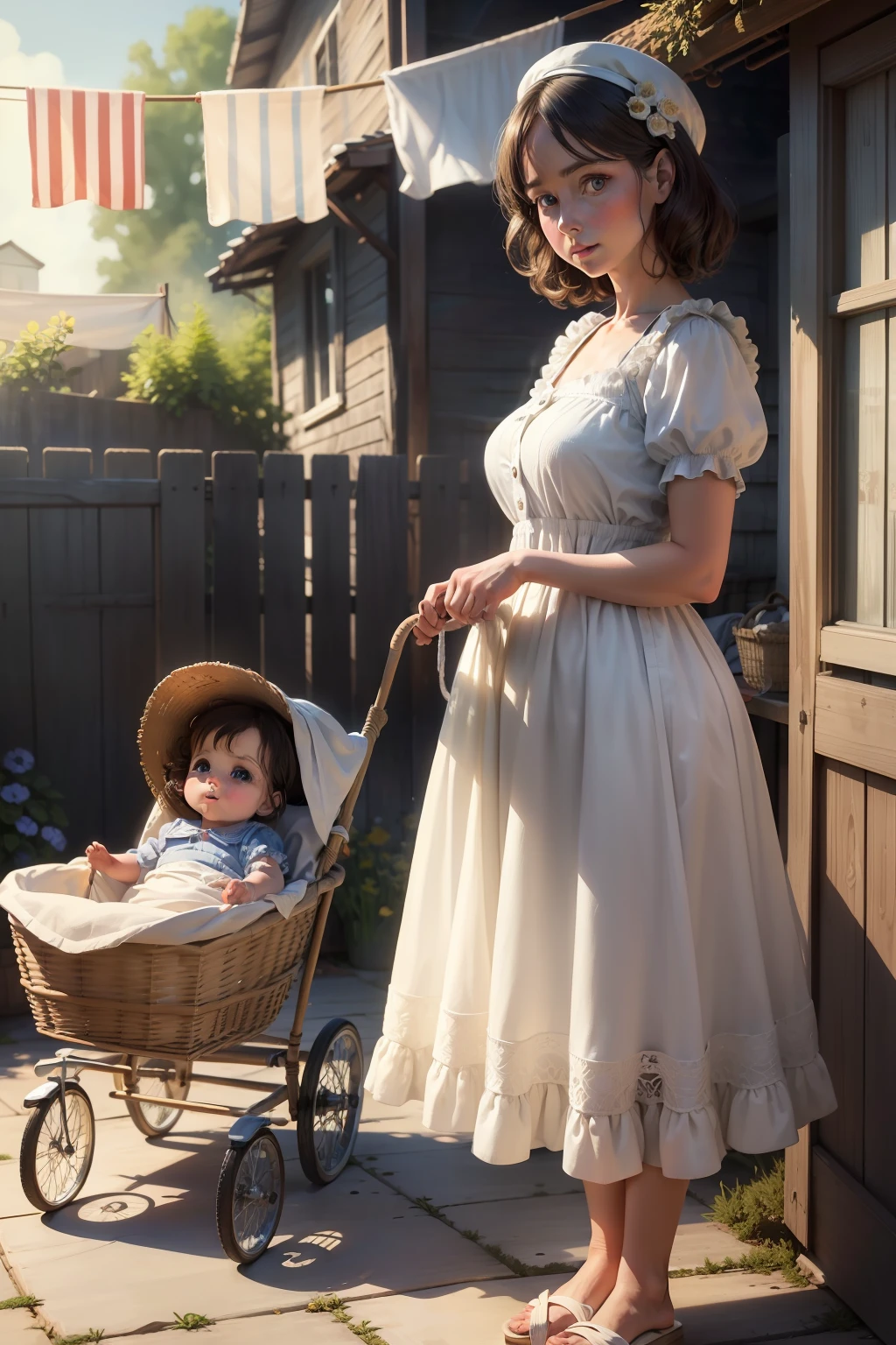 1960's Mother putting out the wash on a clothes line while her baby plays in a wicker basket, proportional eyes, (realistic:1.5),photorealistic, hyper realistic, (extremely detailed eyes), hyper detailed, soft lighting, (detailed background), extreme detail background, sharp details, ((full body)), female