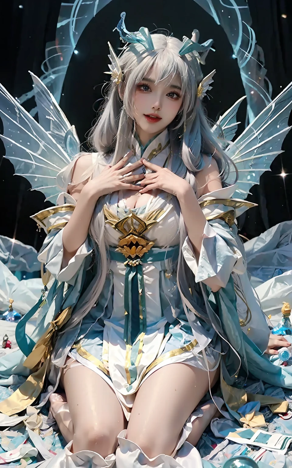 Close-up of women in costumes on stage, full-body fairy, beautiful celestial mage, amazing young ethereal characters, beautiful fantasy queen, astral witch costume, Shaxi, flowing magic robe, white Hanfu, fairy fantasy, beauty Delfin, ethereal fantasy, elegant and charming cosplay, Hirase Jinyao, half-lying on the ground, charming, very coquettish, behind a Ferrari sports car