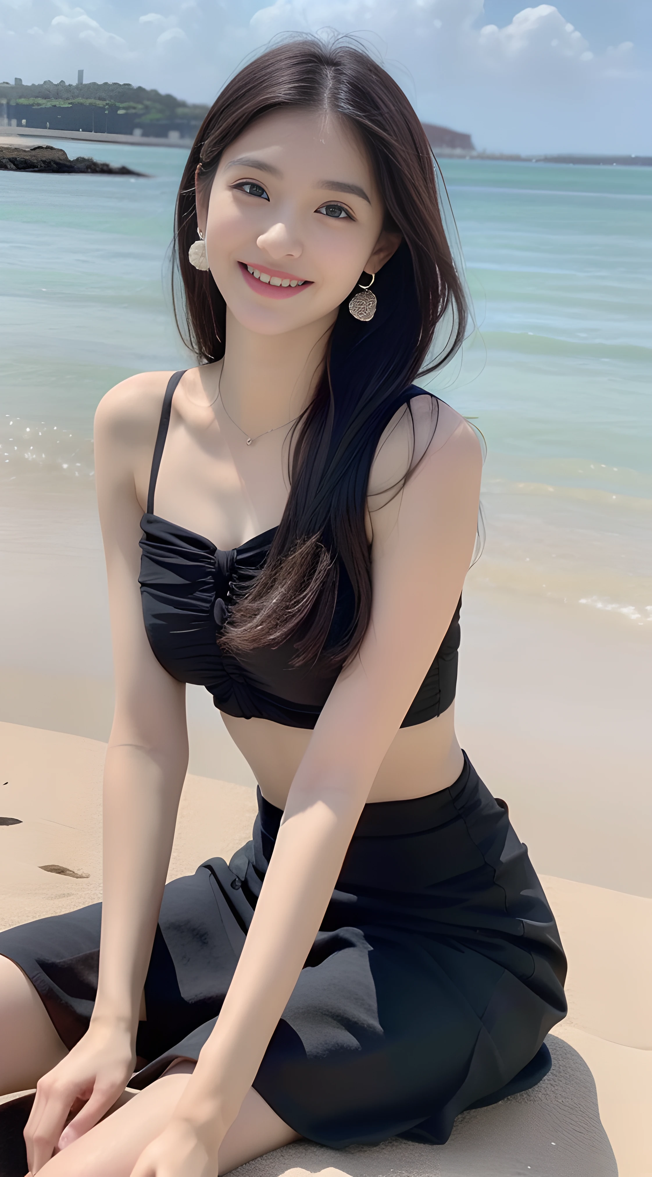 a young, Beautiful and lovely 18 year old girl,,Extremely beautiful and delicate,Black color hair,Pouting and smiling,Delicate and beautiful fair skin,Realistic and realistic,exquisite and complete facial features,Detailed depiction of the face,tall nose bridge,Smooth hair,extremely detail hair,Feminine temperament,Tall and tall,Thin,Realiy,White teeth,Tied up with hair,Hyper-realism,sandals,full body shot shot,Forward tilt angle,Extreme picture quality,Highest precision,Precise and perfect human ???????。The sky is gloomy,(Chiffon skirt,sleeveless tops)(telephoto shot,)Express the landscape,Highlight portrait。Sitting on the beach by the sea。Wearing earrings。Upper body photo