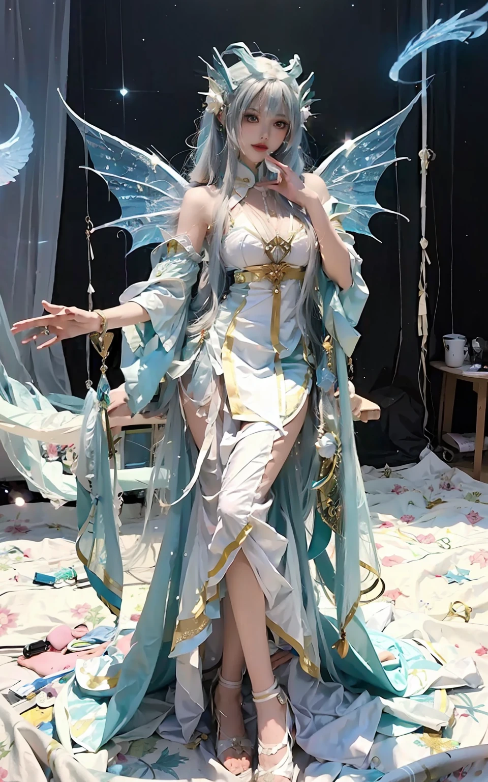 Close-up of women in costumes on stage, full-body fairy, beautiful celestial mage, amazing young ethereal characters, beautiful fantasy queen, astral witch costume, Shaxi, flowing magic robe, white Hanfu, fairy fantasy, beauty Delfin, ethereal fantasy, elegant and charming cosplay, Hirase Jinyao, half-lying on the ground, charming, very coquettish, behind a Ferrari sports car