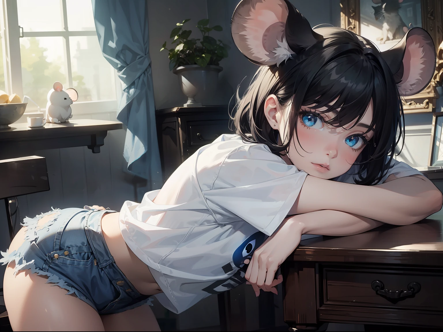 Masterpiece, Best quality,Girl with tangled rat ears,with short black hair,Realisticstyle,White T-shirt,Blue jeans gloomy room,The mouse's eyes glow;