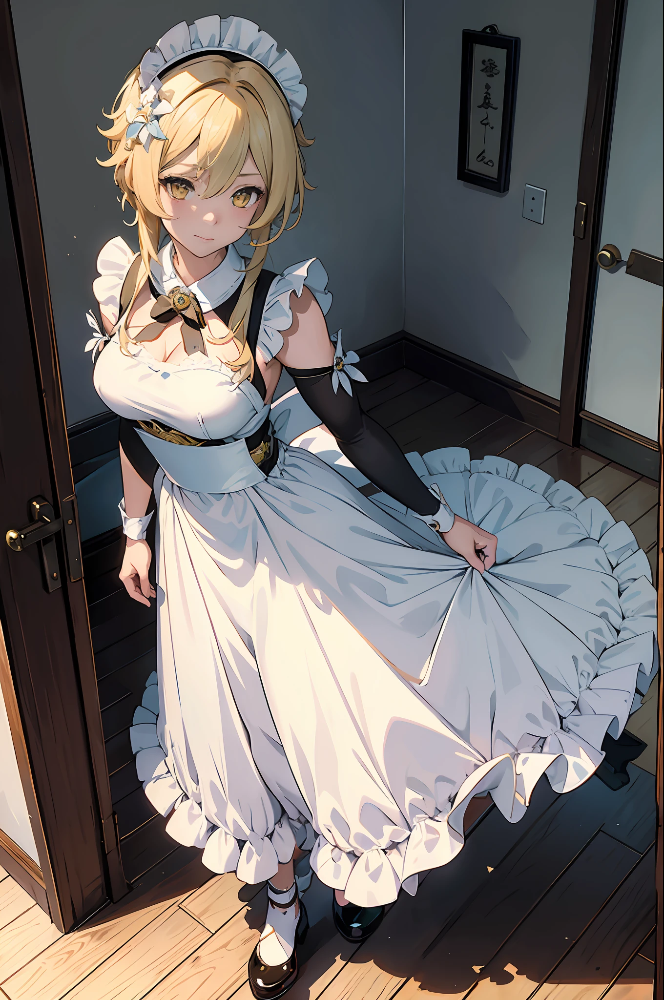 (Masterpiece, Best Quality), handsome girl, lumine "Genshin Impact",
luminedef, standing in your room, (Detailed beautiful eyes) Medium shot in the body, Maid costume,apron, blonde, Short hair, Yellow eyes, Ultra detailed yellow eyes, Full-body shot,Cat's ears, cat tail, Tray in hand, white stockings, maid headdress, faint smile