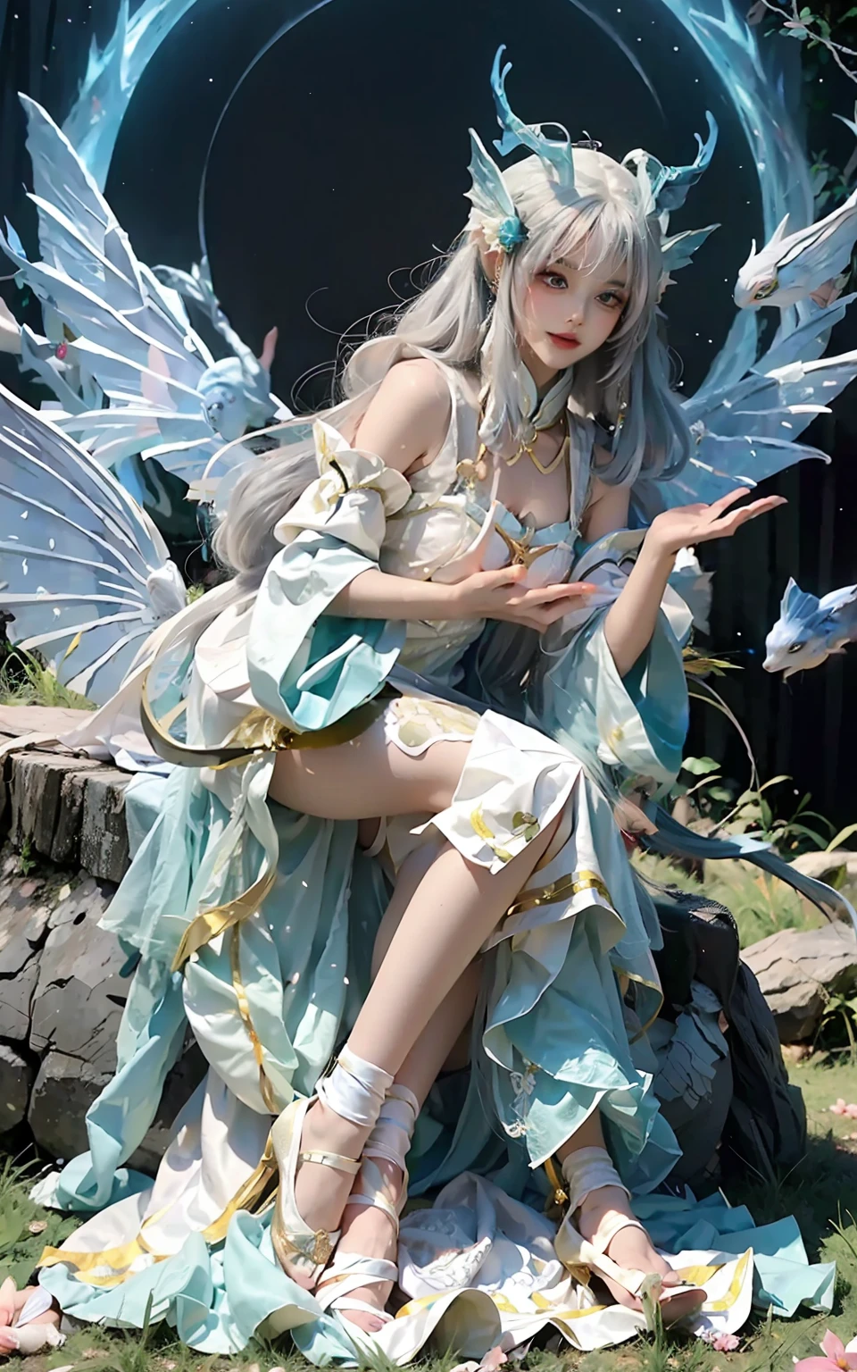 Close-up of women in costumes on stage, full-body fairy, beautiful celestial mage, amazing young ethereal characters, beautiful fantasy queen, astral witch costume, Shaxi, flowing magic robe, white Hanfu, fairy fantasy, beauty Delfin, ethereal fantasy, elegant and charming cosplay, Hirase Jinyao, half-lying on the ground, charming, very coquettish, behind a Ferrari sports car