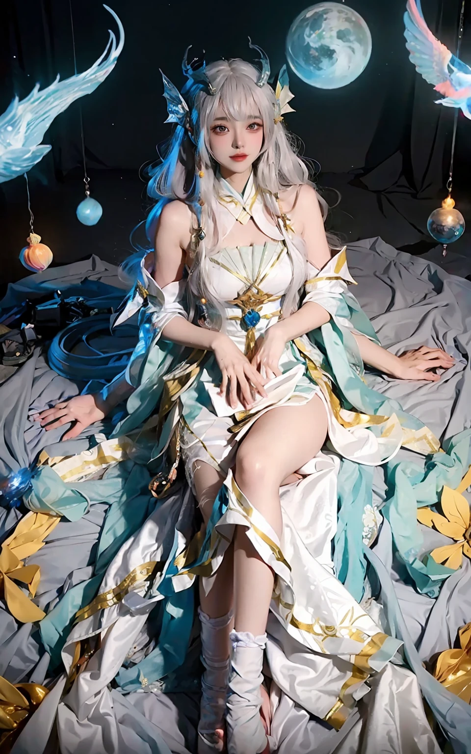 Close-up of women in costumes on stage, full-body fairy, beautiful celestial mage, amazing young ethereal characters, beautiful fantasy queen, astral witch costume, Shaxi, flowing magic robe, white Hanfu, fairy fantasy, beauty Delfin, ethereal fantasy, elegant and charming cosplay, Hirase Jinyao, half-lying on the ground, charming, very coquettish, behind a Ferrari sports car