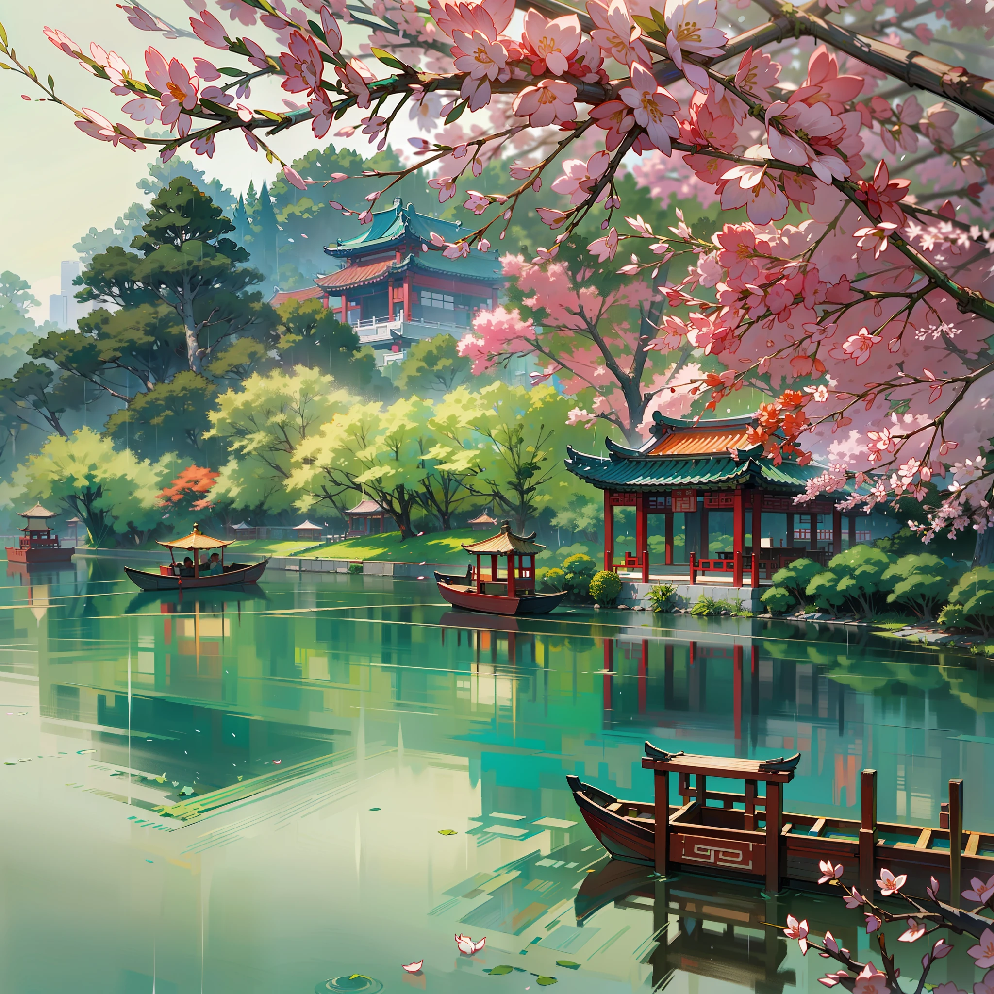 Spring has sprung,Grandiose scenes,Gangnam scenery,Flowers red willow green,Turquoise Lake(Turquoise Lake × 2.0),Calm lake,West Lake view,A small boat with a colorful canopy(There is only one),On board sat an ancient Chinese poet(only one),【The boats contrast with the wide lake】,Drizzle(rainy days),rain,Mist,Green trees,Faraway view,a sense of atmosphere,China-style,In the distance, a corner of the pavilion loomed,Ancient China,vibrant with colors,Rule of thirds composition, Highest image quality,visual shock。