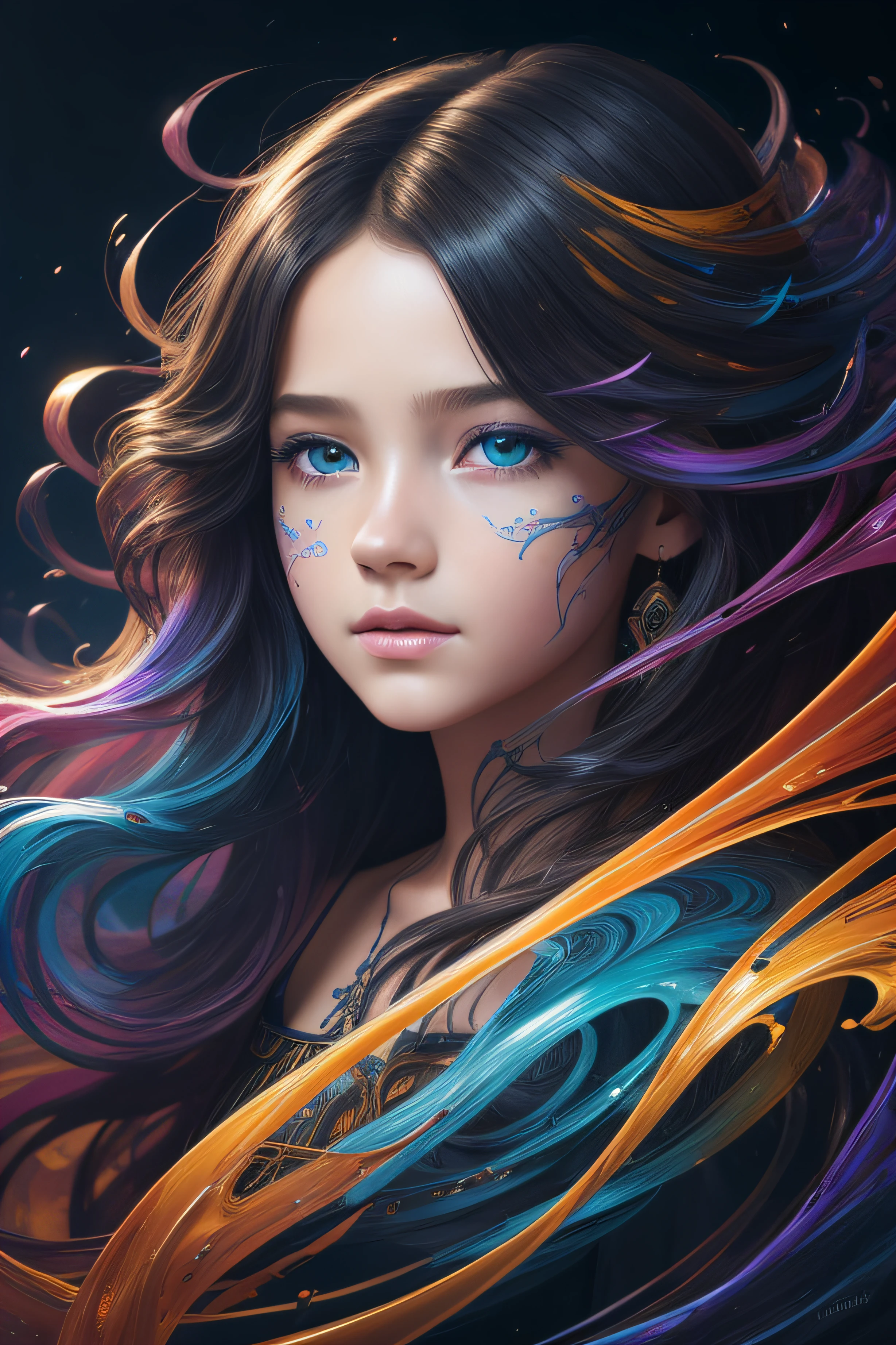 Colorful beautiful girl: a giru 8-years old, messy hair, oil painting, nice perfect face with soft skinice perfect face, blue yellow colors, light purple and violet additions, light red additions, intricate detail, splash screen, 8k resolution, masterpiece, cute face,artstation digital painting smooth veryBlack ink flow: 8k resolution photorealistic masterpiece: intricately detailed fluid gouache painting: by Jean Baptiste Mongue: calligraphy: acrylic: watercolor art, professional photography, natural lighting, volumetric lighting maximalist photoillustration: by marton bobzert:, complex, elegant, expansive, fantastical, wavy hair, vibrant