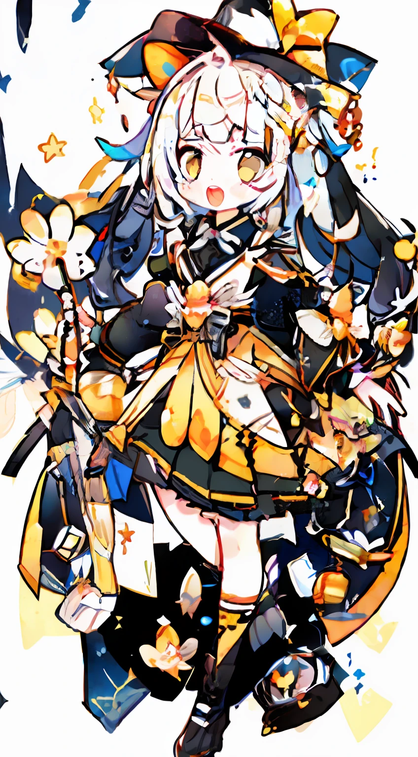 skirt by the、One girl、校服、white hair、Twin-tailed、black ribbon on the head、yellow eyes、Glitter、kirakira、beautidful eyes、Beautiful eyes、masterpiece、Top image quality、top-quality、double tooth、cute little、stele、Pop backgrounds、Standing picture、full body Esbian、