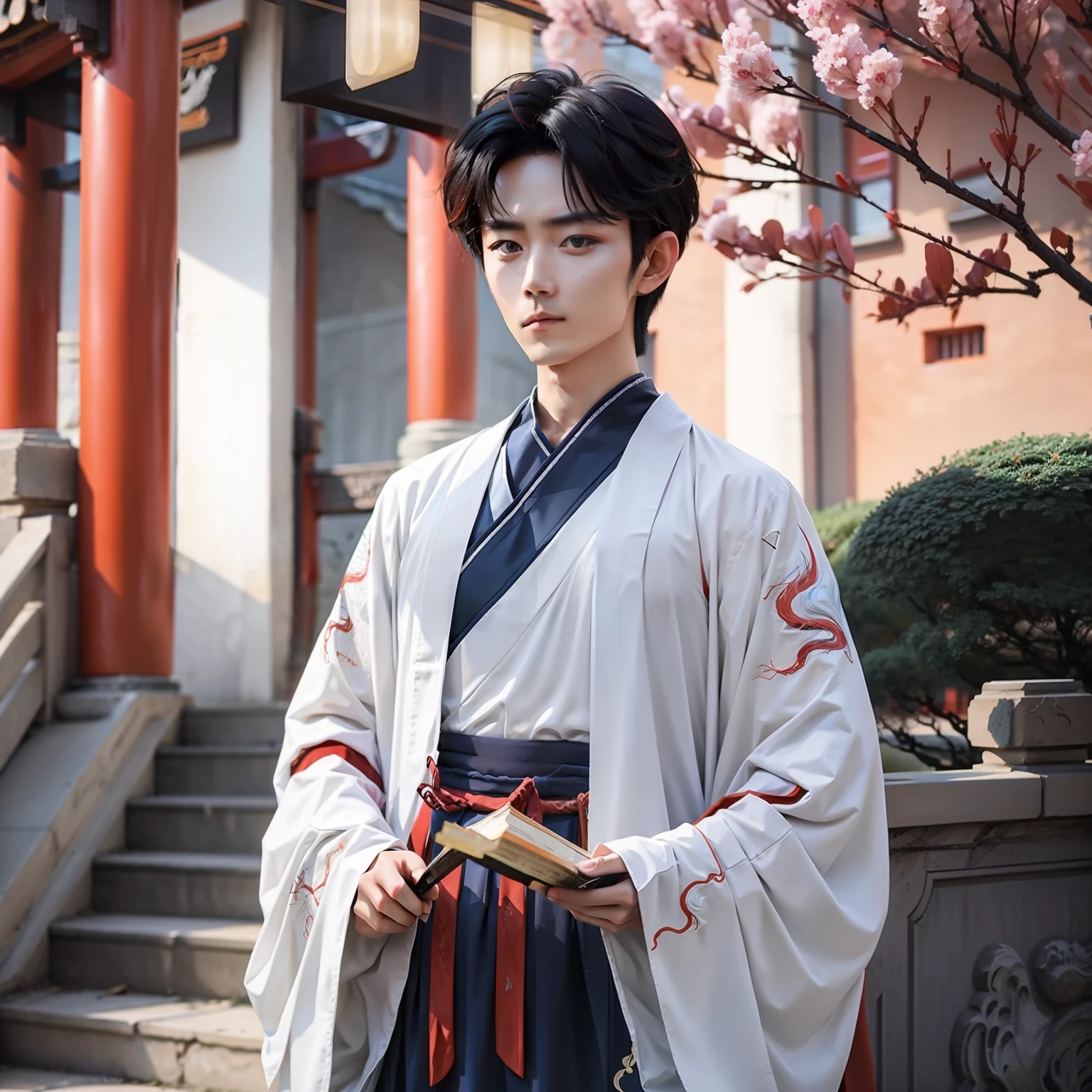 facing to audience，An ancient Chinese teenager，Handsome，Hanfu，full bodyesbian，perfect facial features，Background bokeh