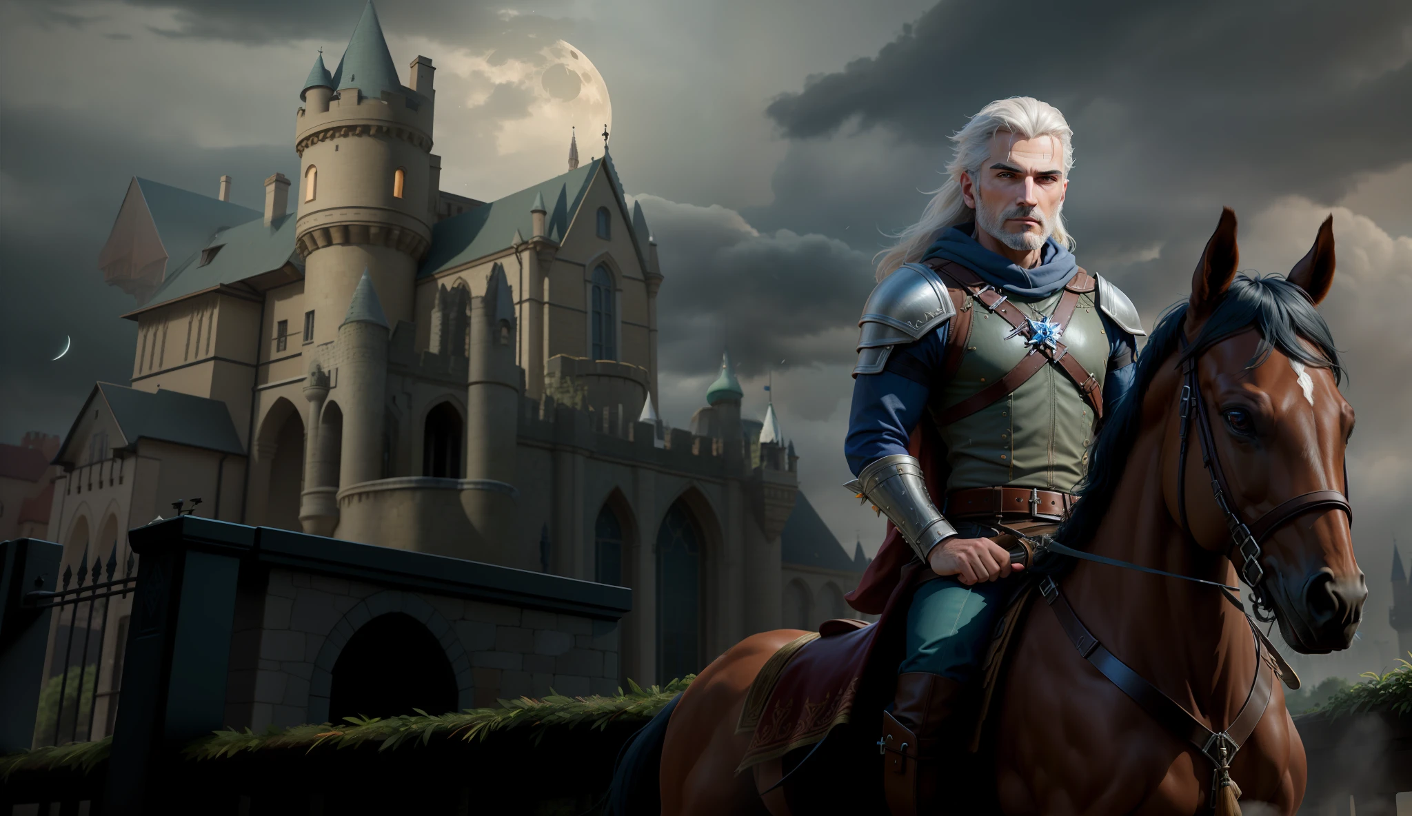 There's a man with a lot of time, flowing hair on a horse in front of a haunted castle and a huge moon (noite tempestuosa), Lush moon behind the castle, clouds charged in the sky, Onset of the cyclone, Clima sombrio, Mystery in the air, 3D render e tinta escura, Ultra realista, inspirado em Andor Basch, Crisp matte paint, arte do jogo tinta escura, tinta escura", tinta escura", tinta escura, majestosa tinta escura, 2 d cg | | |, arte de fundo, tinta escura requintada, Witcher)), Mario como The Witcher, foto de retrato de tinta escura