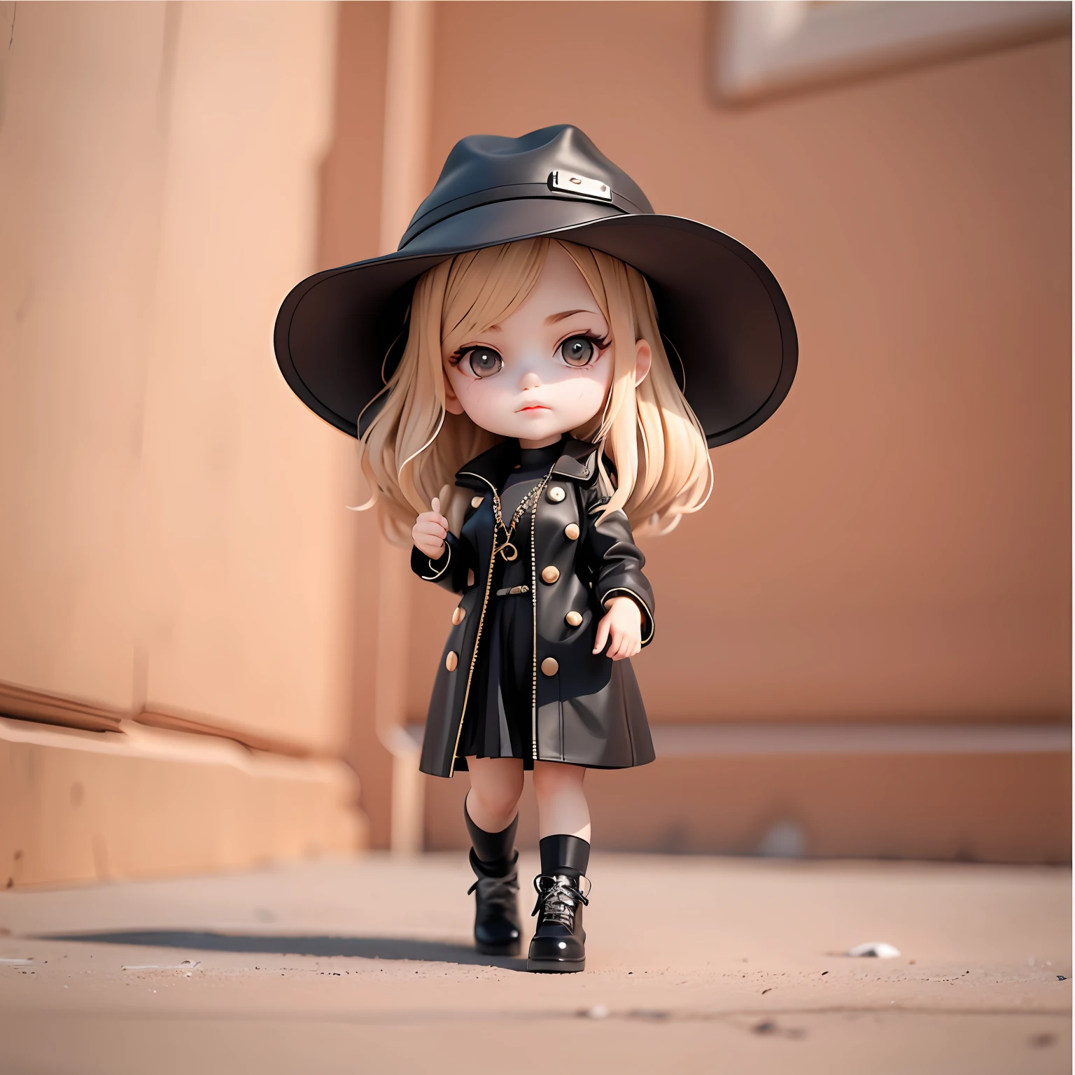 Young girls,Fashionab,Black hat,a black trench coat