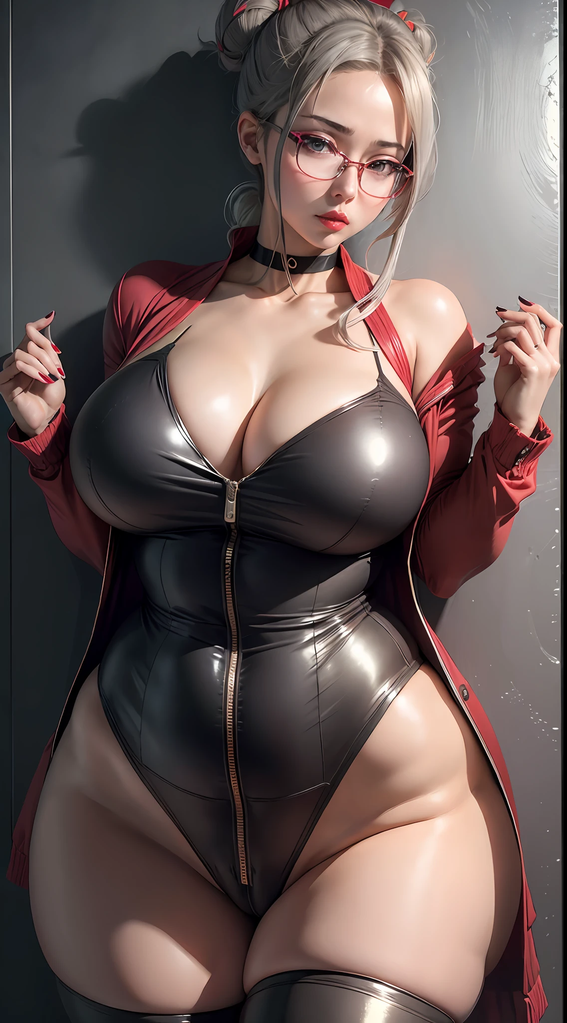 beautiful, masterpiece, best quality, realistic photo of 1girl, shiraki meiko, breasts, huge breasts, choker, cleavage, flowerxl, formal, glasses, grey hair, hair bun, prison school, red lips, red nails, shiny clothes, shiny skin, single hair bun, skirt, solo, suit, thick thighs, thighhighs, thighs