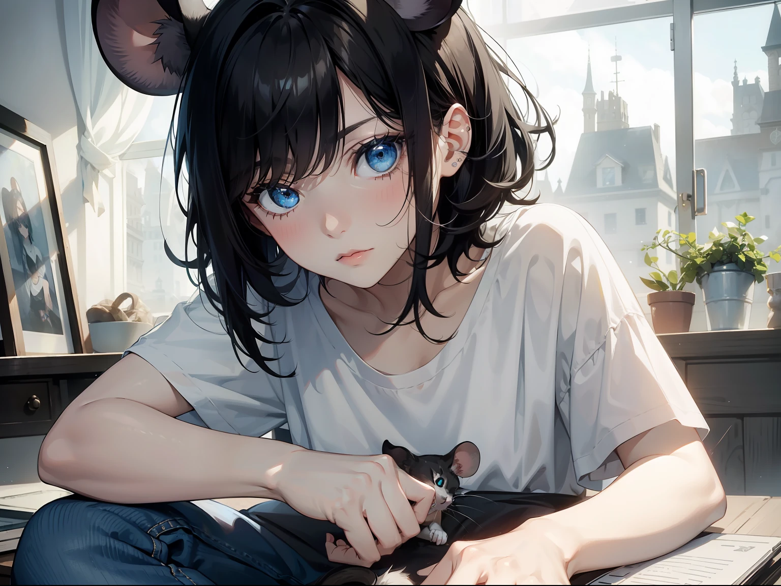 Masterpiece, Best quality,Girl with tangled rat ears,with short black hair，Realisticstyle,White T-shirt，Blue jeans gloomy room,The mouse's eyes glow;