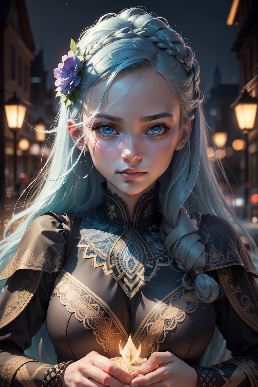 (masterpiece, best quality, ultra-detailed, high resolution, best illustration), perfect face, ((ground, ground focus)), side lighting, glowing skin, (glow), (glowing skin, skeptical elements, Nordic heritage) , ray tracing, focus, ground, blue hair, blue eyes, long hair, closed mouth, shirt, windswept hair, detailed hair, detailed face, depth_of_field, very detailed background, extreme light shadow, (detailed eyes), perfect anatomy , (zentangle, mandala, tangled, tangled), dynamic angle, long shot, upper body, cityscape, extreme light and shadow, night sky