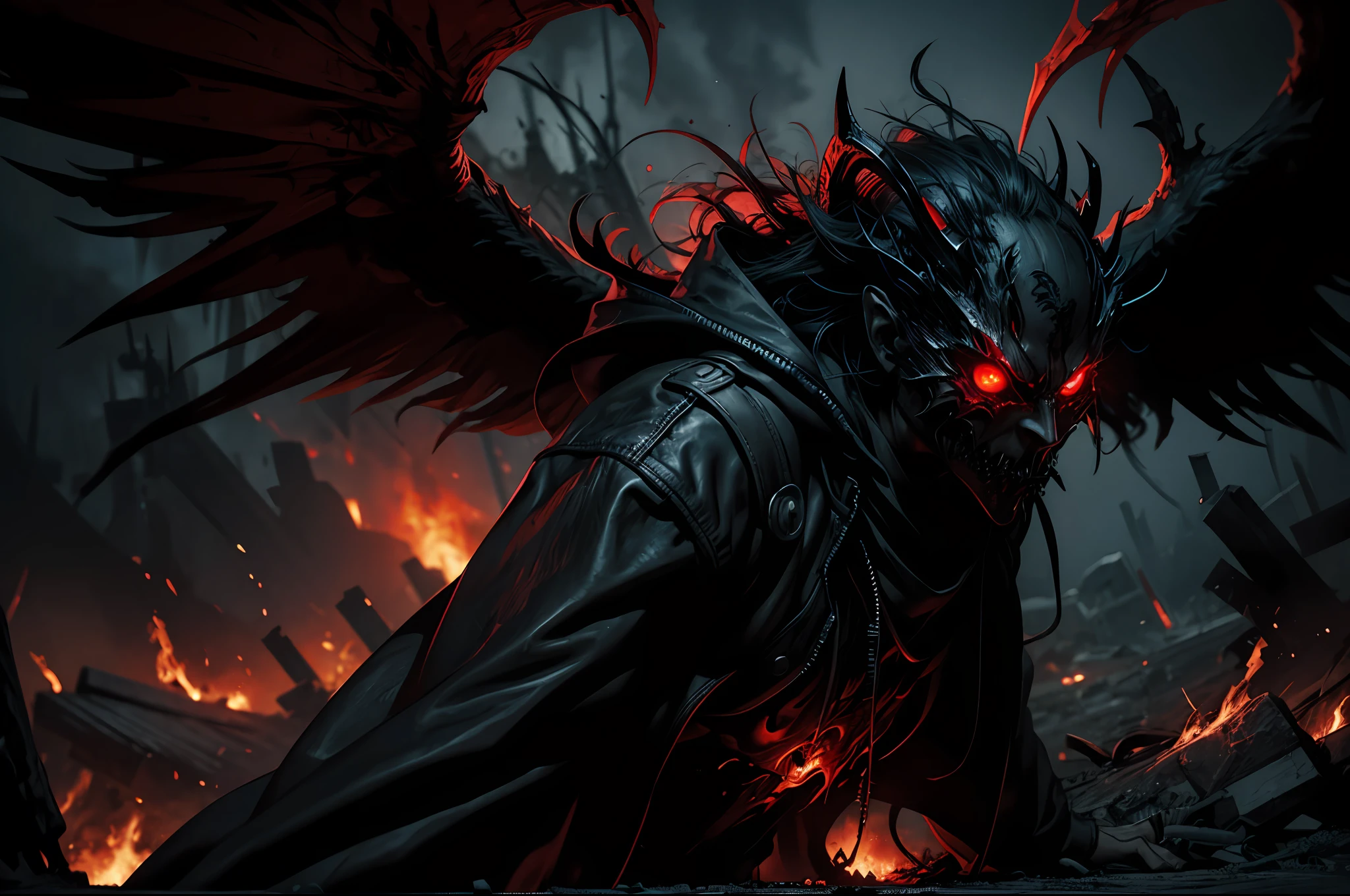 Dark and haunting depiction of a "Hell Messenger" with a menacing atmosphere and intense lighting. Incorporate elements like black wings, glowing red eyes, fiery surroundings, cracked ground, billowing smoke, and a sense of despair and destruction.