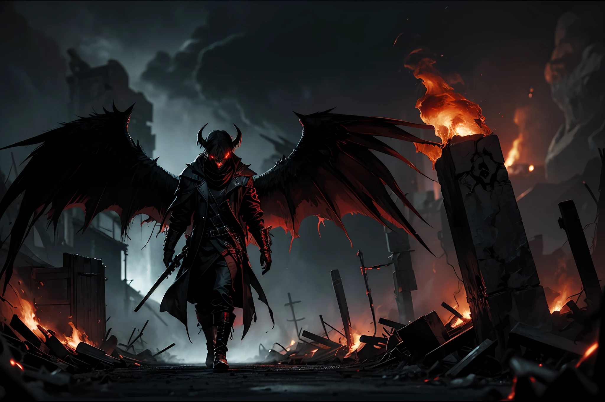 Dark and haunting depiction of a "Hell Messenger" with a menacing atmosphere and intense lighting. Incorporate elements like black wings, glowing red eyes, fiery surroundings, cracked ground, billowing smoke, and a sense of despair and destruction.