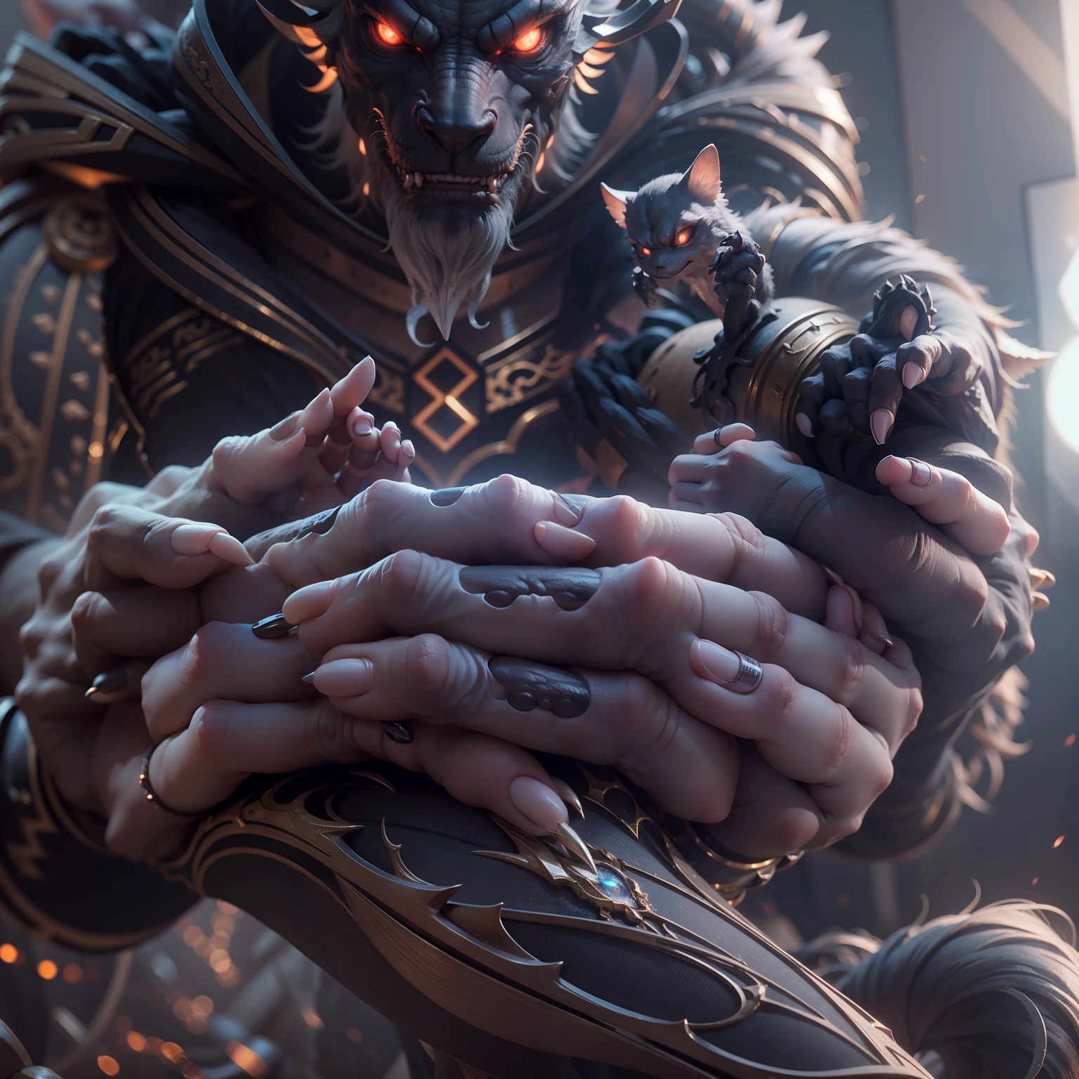 Creature of two crossed arms, Each nail of each of the hands is the eyes, The thumbs form the chin, The hands are the legs, Eyes glow, higly detailed, 真实感, 4K, 3D
