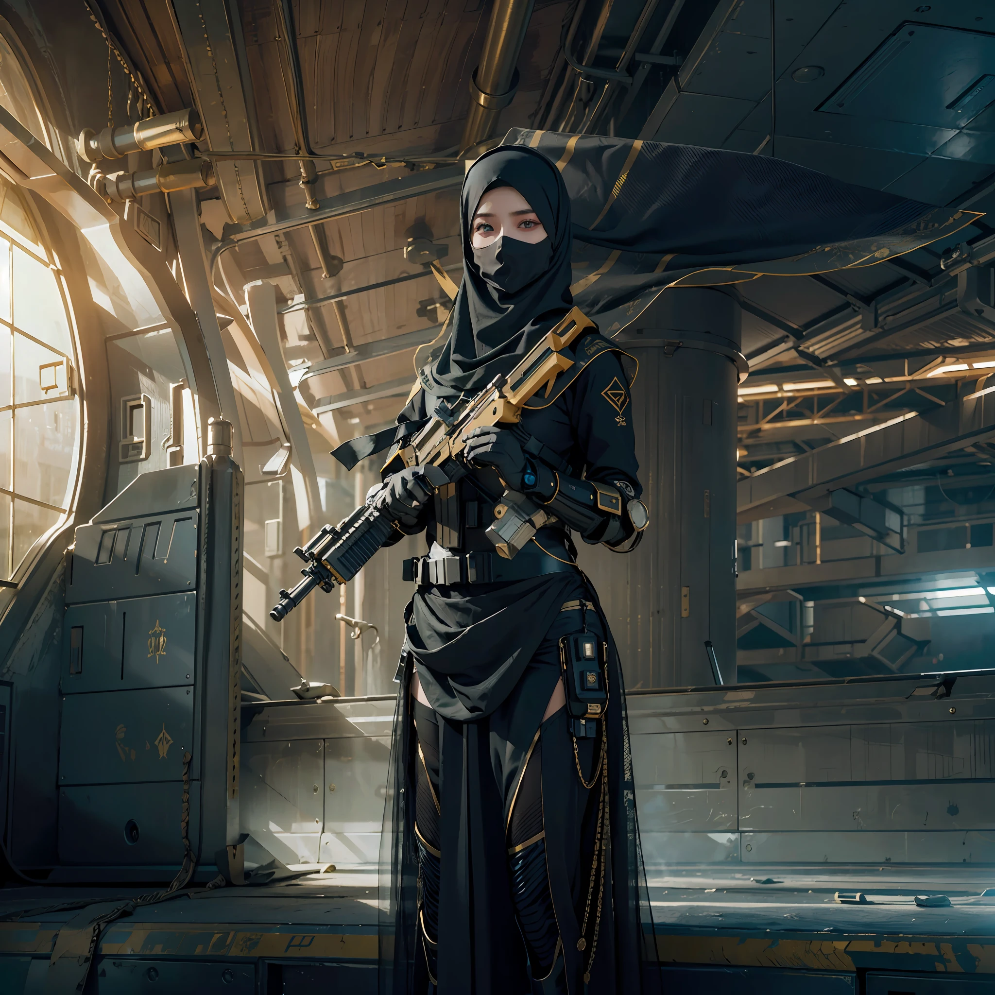 in a panoramic view，photorealestic，cyber punk style，Blue sky, Endless golden desert，Military base in the desert，3girl，Wearing a high-tech burqa in black Arabic style（Burqa），Dressed in gorgeous gold Arabian high-tech clothing，Wearing a black high-tech headscarf（hijabi sluty），Black high-tech veil（niqab），masked，High-tech combat equipment hangs on the body，Carry a sci-fi rifle，Sci-fi Saber，Standing in front of a military base，Sharp eyes，professinal，Meistwick，commissioned，best qualtiy，color corrected，After fixation，Retouching，Improvement，Epic，Tone-mapping，the detail， highly  detailed， digitial painting， art  stations， Conceptual map of the long dam， Smoothness， Sharp focus， Beautiful illustration， photore， The light from the back window is backlighted， 动态照明， Mist， 复杂， cinematic grain， professinal， face to the viewer，（Beautiful m3d_woman， Perfect M3D_face,）， Volumetriclighting， subsurfacescattering， Good highlights， Good shadows， cinematic ligh