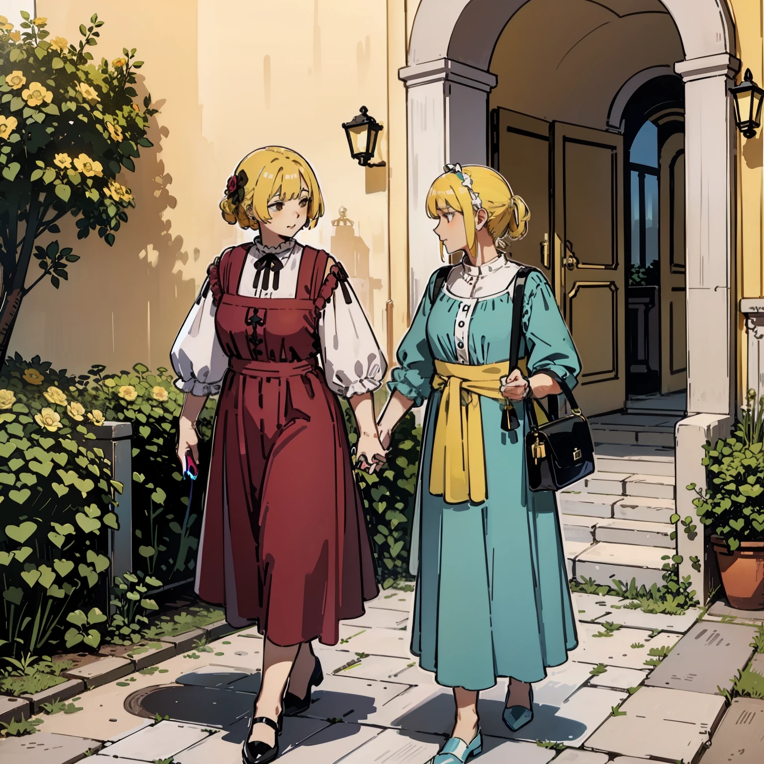 In front of the villa,A middle-aged woman,Yellow hair,Mobile phone in hand