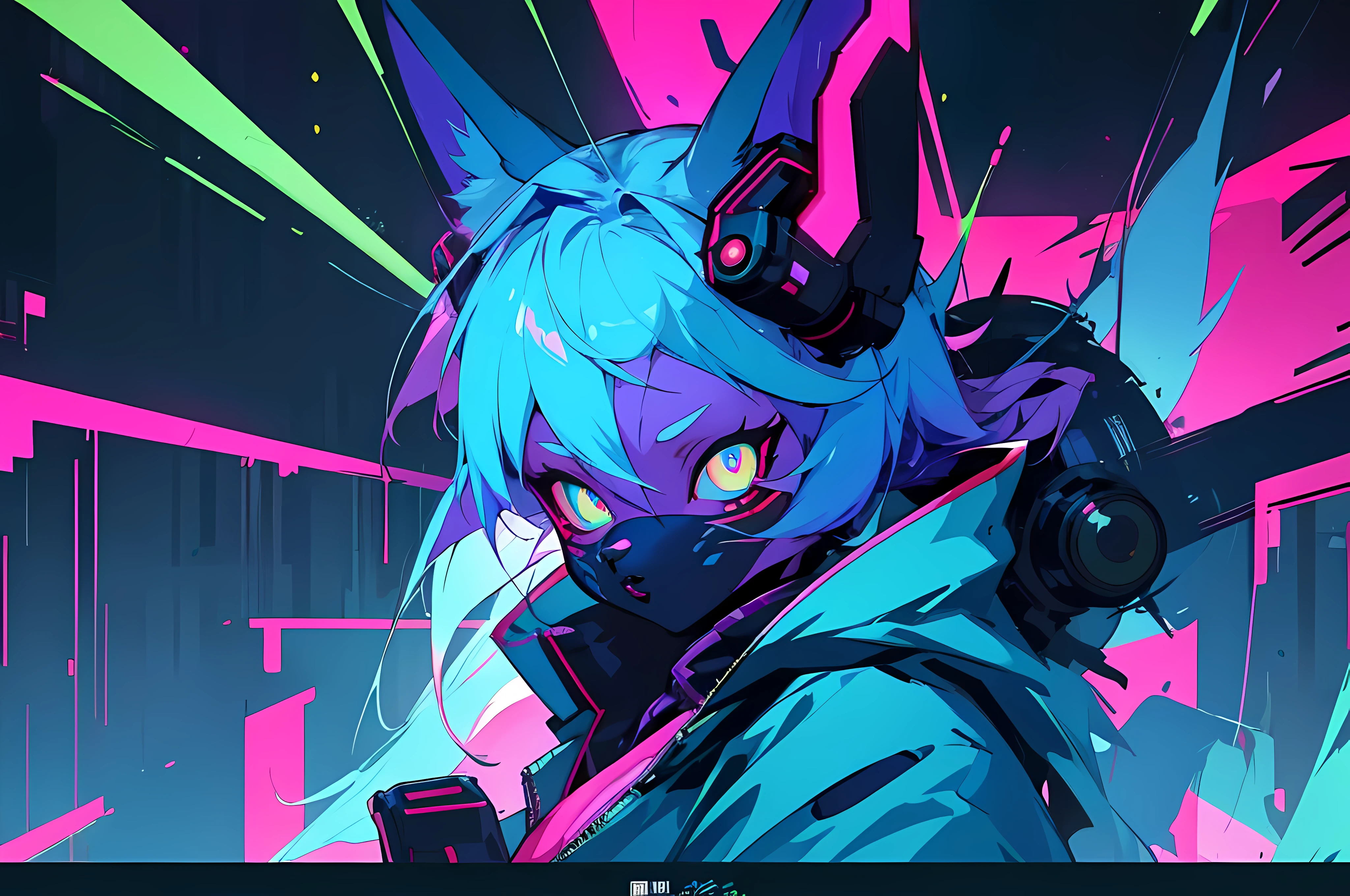 (vintage vhs), (crt screenshot), (Zen, Amy Sol style), (((blue anthro kemono furry rabbit))), underground cavern shining flashlight in old ruins, scene from a show about a blue anthro furry kemono rabbit who investigates deep space crime, (vast decrepit scenery:1.2) blame! style, nightmarish illustration, glowing eyes everywhere, intense eye contact, hybrid human / anthro, electrixbunny, rabbit anthro portrait, ((portrait)), bunnypunk, weirdcore voidpunk fursona, wearing bunny ears, cover art with light abstraction, abstract, simple vector art, contemporary Cybernetic art, color gradients, soft color palettes, layered forms, whimsical animation, style Ethereal abstract, 4K, , anime character with futuristic hair and glowing eyes in a dark room, digital cyberpunk anime art, anime style 4 k, digital cyberpunk - anime art, anime mecha aesthetic, digital cyberpunk anime!!, anime cyberpunk art, fully robotic!! catgirl, hyper concept art, cyberpunk anime girl mech, portrait anime space cadet girl, wearing cybernetic bunny ears , anime character with futuristic hair and glowing eyes in a dark room, digital cyberpunk anime art, anime style 4 k, digital cyberpunk - anime art, anime mecha aesthetic, digital cyberpunk anime!!, anime cyberpunk art, fully robotic!! catgirl, hyper concept art, cyberpunk anime girl mech, portrait anime space cadet girl, wearing cybernetic bunny ears --v6
