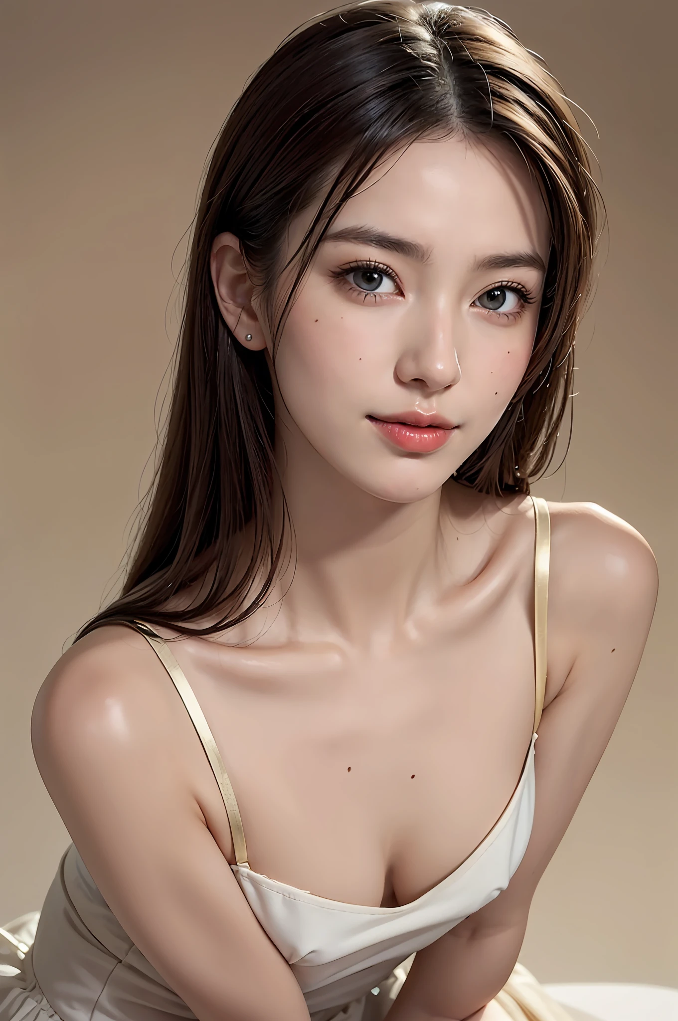 ((masterpiece, top quality, high definition)), one girl, (photorealistic: 1.4), solo, white background, snow-white background, ((from above, slightly above, looking up at the viewer, looking up, looking up at the camera, staring at the camera)), mouth closed, happy smile, happy smile, happy smile, pretty black hair, short hair, big eyes, clear double eyelids, eyelashes, ears out, long neck, long neck, absolute area, (draw all head, shoulders), 19 years old, attractive proportions, shiny skin, clean collarbone, face in golden proportions, perfect face, tearful mole, mole on chest, bangs, clean bangs, lip gloss, thin lips, fair skin, naked, big breasts, small face, small face, draw all head, draw all shoulders,