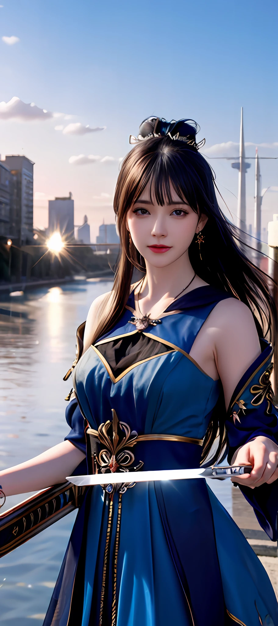 realisticity: 1.2), best quality, masterpiece, highres, cg, 1girl, weapon, sword, long hair, dress, water, solo, jewelry, blue dress, earrings, hair ornament, splashing, upper body super realistis, hair bun, blue and pink hair, city backgraun realistis, lighting,candid, Photograph, high resolution, 8k, 10k, Bokeh,