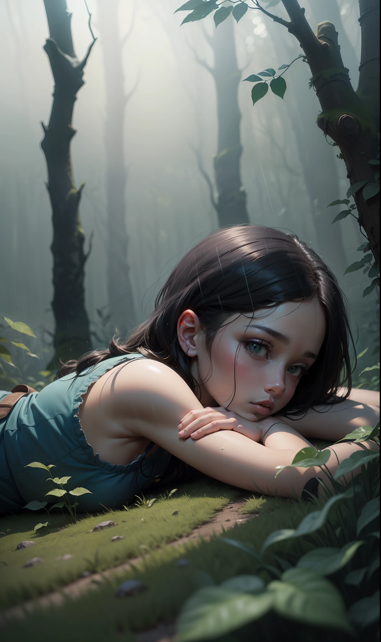 A comic panel featuring a girl lying down amidst the rain and haze in a forest. Inspired by artist Emma Rios. Bold lines, muted colors, reflective expression, dramatic lighting, and an evocative atmosphere. --auto --s2