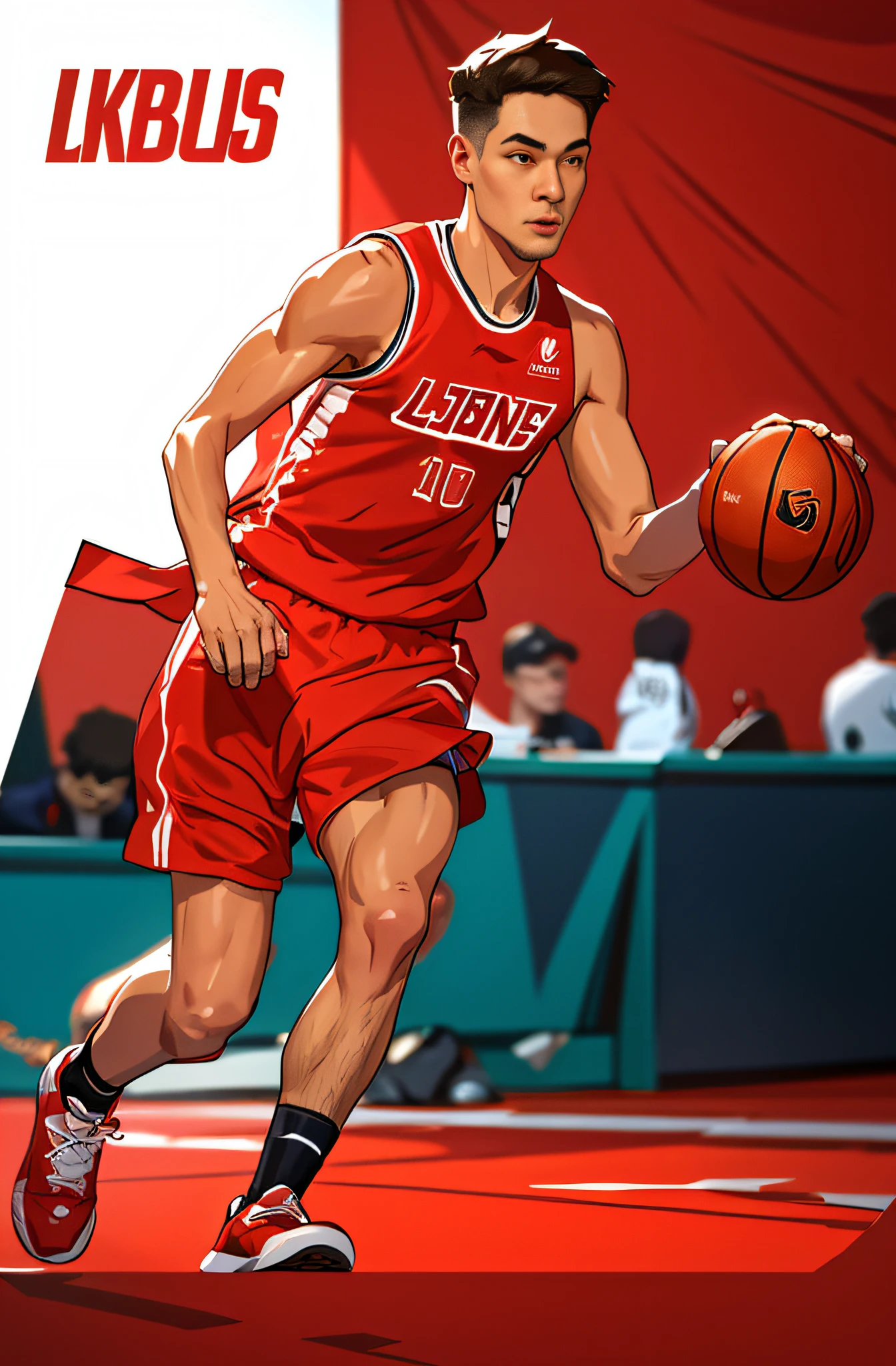 Line drawing，Line stroke，Lee Kyle，hand painted style，lineworks，sense of strength，basketball player，Red clothes，basketball ball，Exquisite poster，best qualtiy，high high quality