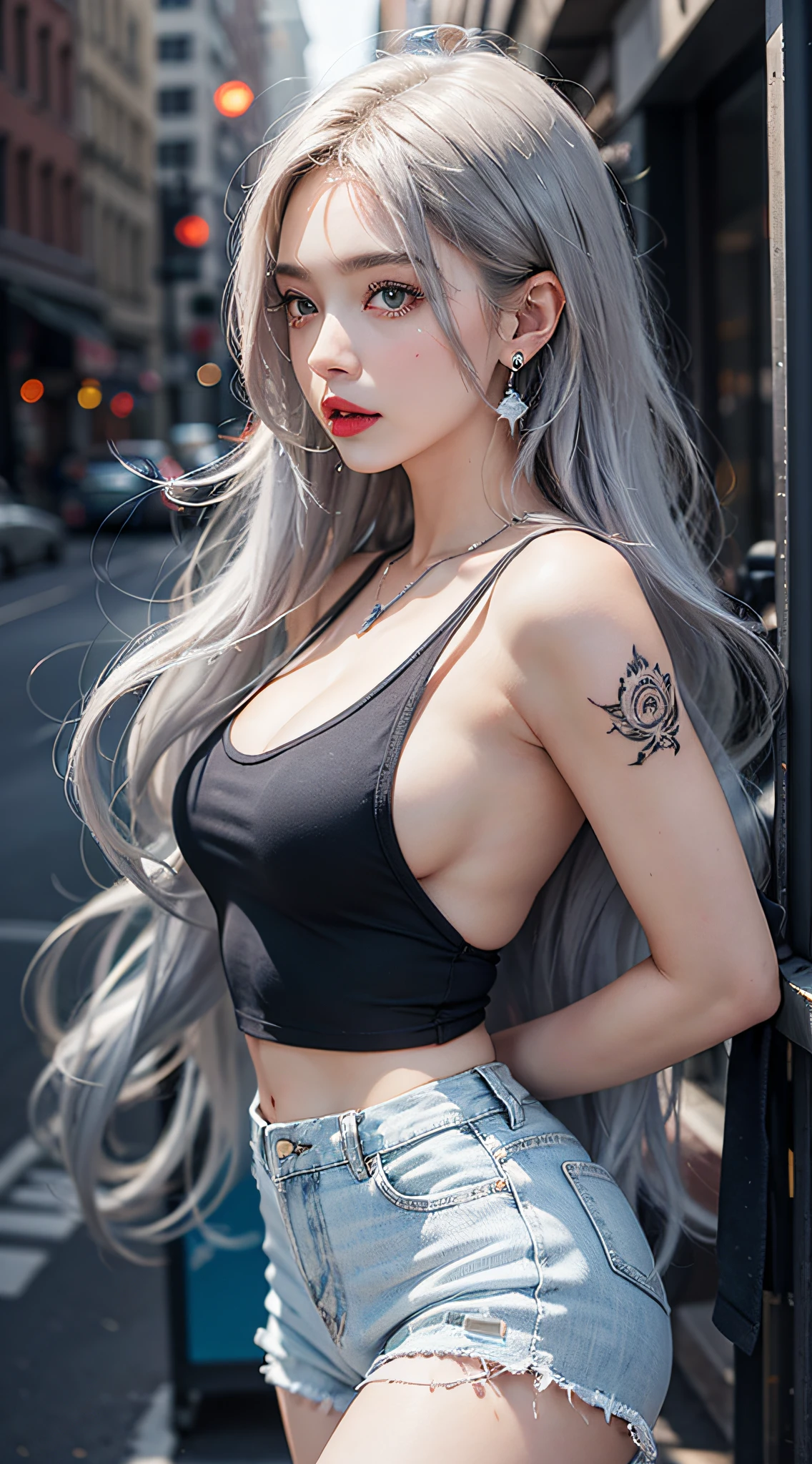 Urban beautiful girl college student, masterpiece, light makeup, red lips, silver hair, messy long hair, street background, beautiful, elegant. Ultra-fine details, master works, real texture, cinematic lighting realism, perfect work, 8k, HD, exquisite facial features, white tight open-cut top, transparent white tight shorts, slim figure, bright big eyes, smooth skin, earrings, necklace, tattoos