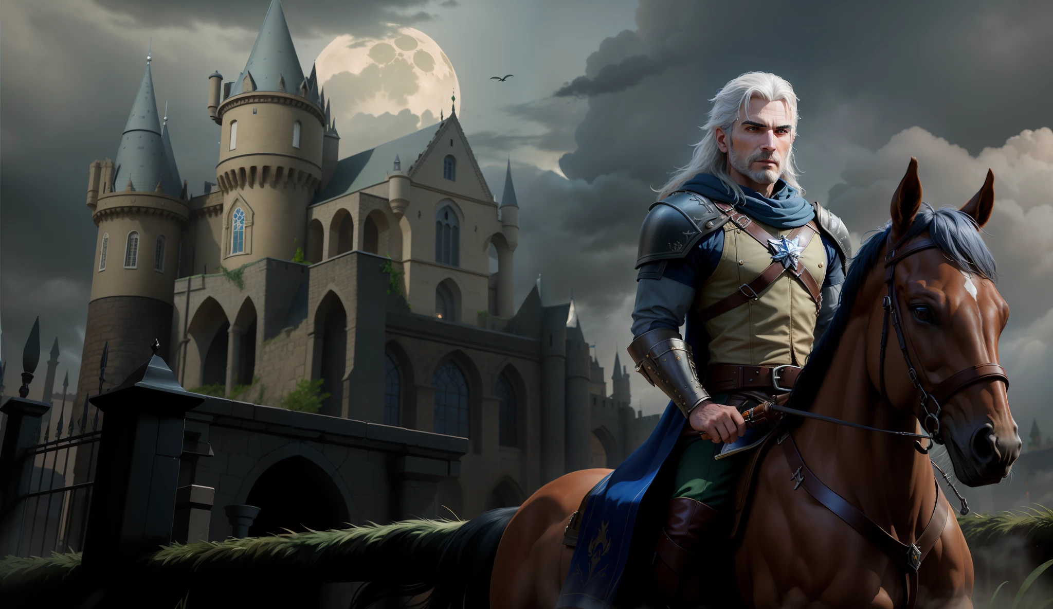 There's a man with a lot of time, flowing hair on a horse in front of a haunted castle and a huge moon (noite tempestuosa), Lush moon behind the castle, clouds charged in the sky, Onset of the cyclone, Clima sombrio, Mystery in the air, 3D render e tinta escura, Ultra realista, inspirado em Andor Basch, Crisp matte paint, arte do jogo tinta escura, tinta escura", tinta escura", tinta escura, majestosa tinta escura, 2 d cg | | |, arte de fundo, tinta escura requintada, Witcher)), Mario como The Witcher, foto de retrato de tinta escura