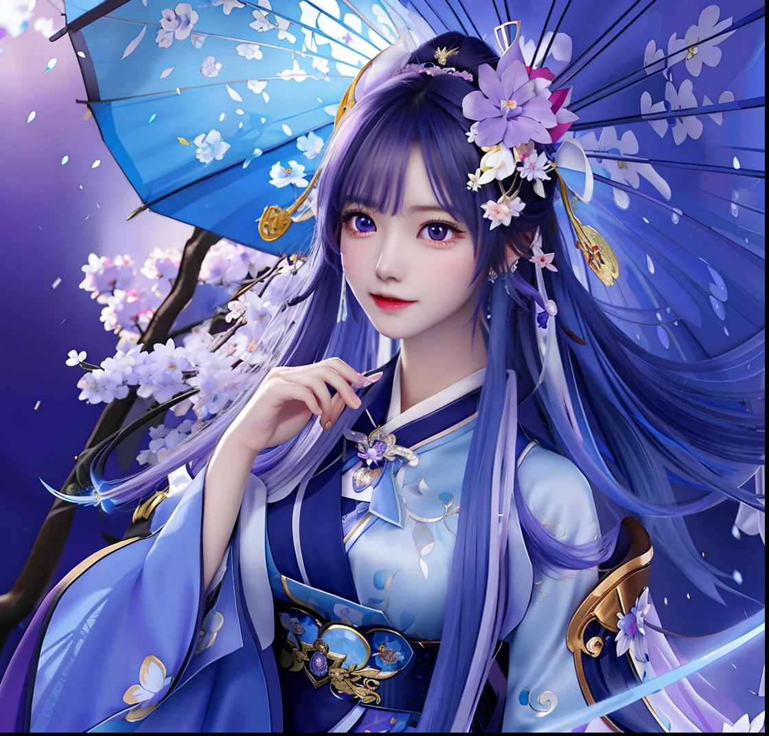 anime girl with a blue umbrella and a purple dress, beautiful character painting, by Yang J, a beautiful fantasy empress, inspired by Pu Hua, trending artgerm, zhongli from genshin impact, anime fantasy illustration, beautiful celestial mage, fantasy art style, extremely detailed artgerm, keqing from genshin impact, realistic ,ultra detail ,70 mm lens