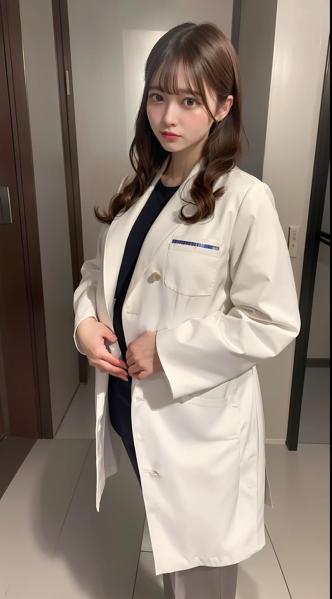 (8k, RAW Photo, Best Quality, Masterpiece: 1.2), (Realistic, Realistic: 1.37), Ultra High Resolution, Photon Mapping, Physically Based Rendering, 1 doctor girl 30 years old, doctor coat, trousers, long curly hair, bangs, heavy pregnant, standing big tits, hospital,