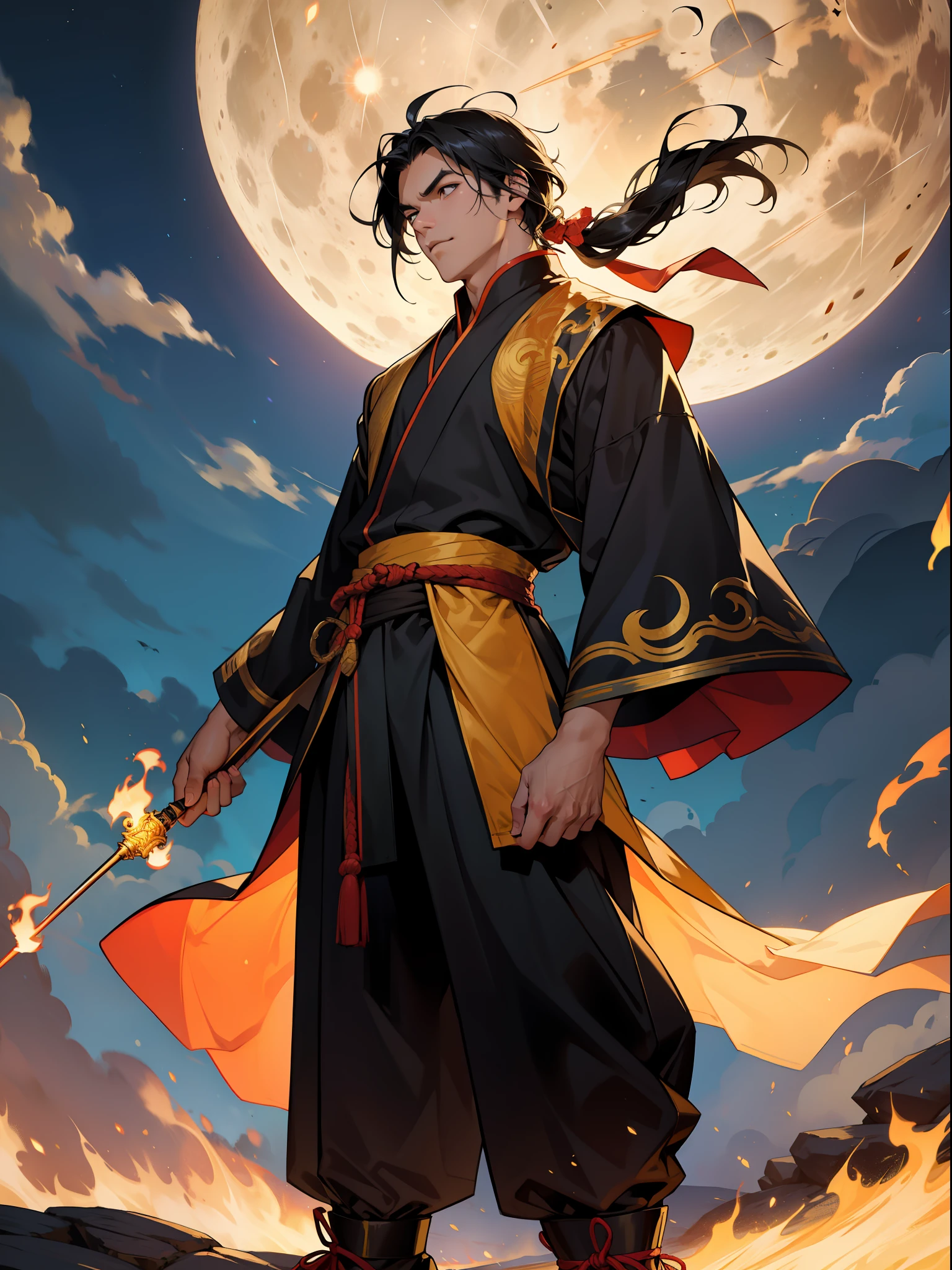 of a guy,Douluo costume,Black hair,mighty,standing on your feet,Full moon,fire glow,