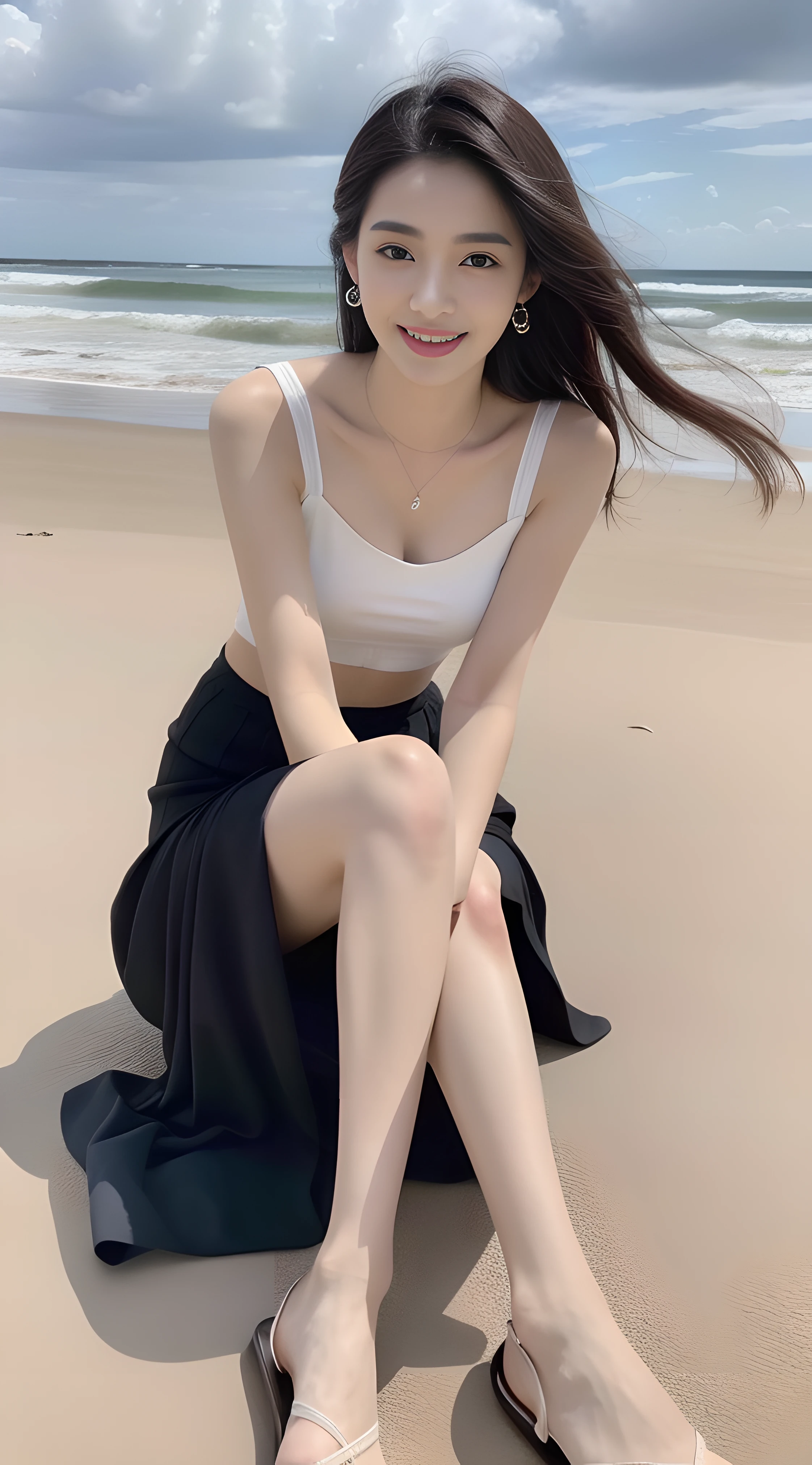 a young, Beautiful and lovely 18 year old girl，，Extremely beautiful and delicate，Black color hair，Pouting and smiling，Delicate and beautiful fair skin，Realistic and realistic，exquisite and complete facial features，Detailed depiction of the face，tall nose bridge，Smooth hair，extremely detail hair，Feminine temperament，Tall and tall，Thin，Realiy，White teeth，Tied up with hair，Hyper-realism，sandals，full body shot shot，Forward tilt angle,Extreme picture quality,Highest precision,Precise and perfect human anatomy。The sky is gloomy，(Chiffon skirt，sleeveless tops)（telephoto shot，）Express the landscape，Highlight portrait。Sitting on the beach by the sea。Wearing earrings。Upper body photo