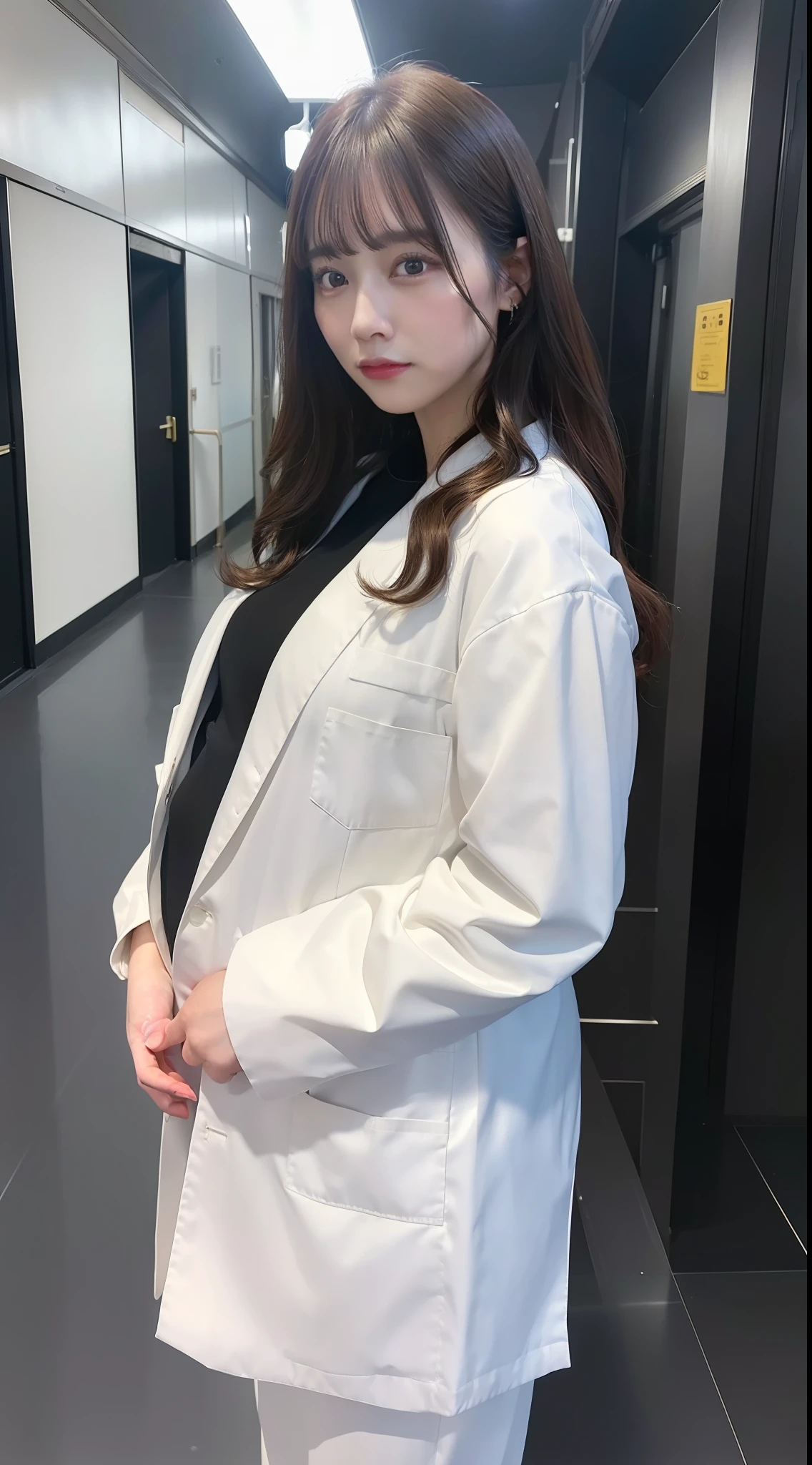 (8k, RAW Photo, Best Quality, Masterpiece: 1.2), (Realistic, Realistic: 1.37), Ultra High Resolution, Photon Mapping, Physically Based Rendering, 1 doctor girl 30 years old, doctor coat, trousers, long curly hair, bangs, heavy pregnant, standing big tits, hospital,
