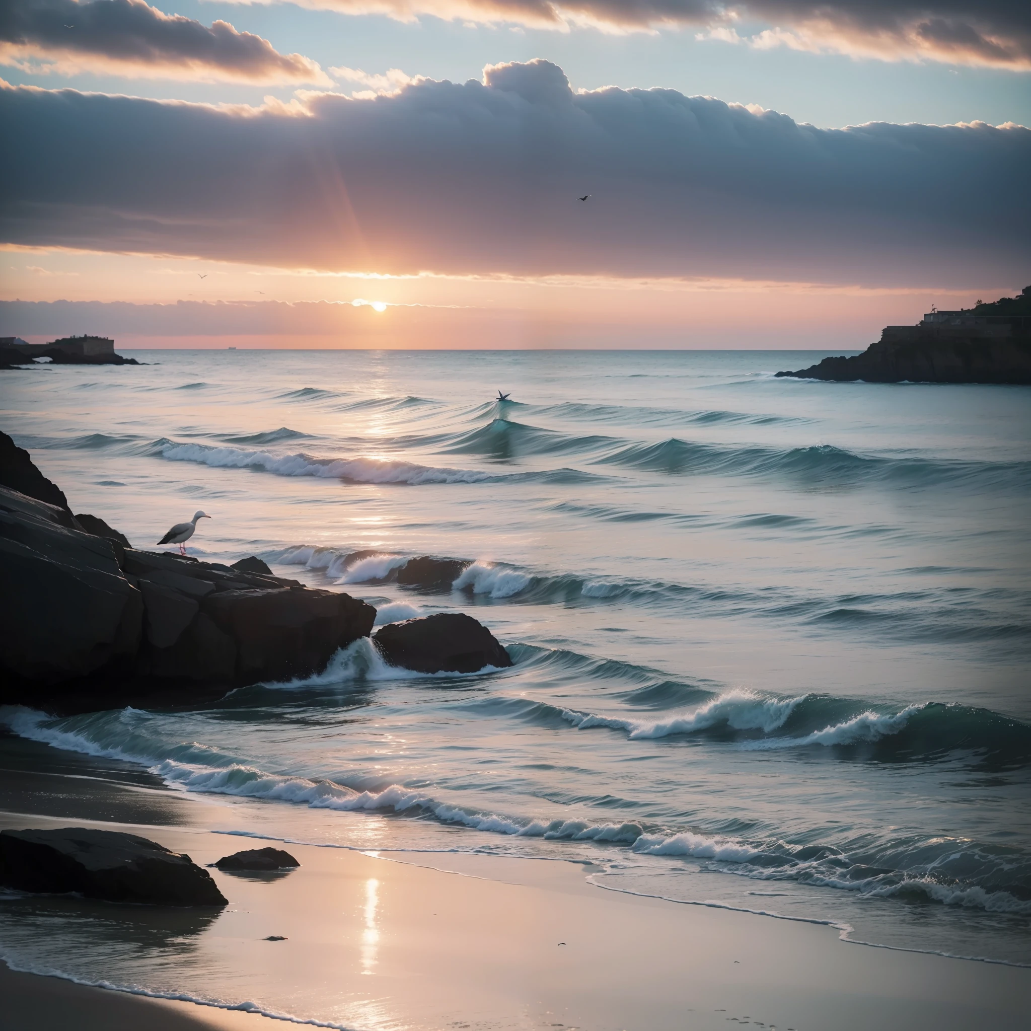 ((masterpiece)), (realistic), (sunset:1.2), (seascape:1.2), (colorful sky), (seagulls:1.1), (beach:1.1), (waves:1.1), (rocks:1.1), (boats:1.1), (reflection:1.2), (silhouette:1.2), (harbor:1.2), (peaceful:1.1), (serene:1.1), (tranquil:1.1), (calming:1.1), (harmonious:1.2),
The sun was setting over the horizon, painting the sky in a breathtaking array of colors. Shades of pink, orange, and yellow blended together to create a vibrant and colorful sky. Seagulls flew gracefully overhead, their wings casting shadows on the calm waters below. The beach was a peaceful and serene place, with waves gently lapping at the shore. Smooth rocks scattered along the coastline, providing a perfect spot for a quiet moment of reflection. Boats floated in the harbor, their masts creating silhouettes against the colorful sky. The reflection of the sky in the water created a harmonious and tranquil atmosphere. As the sun disappeared below the horizon, the sky turned darker, but the sense of calm remained, leaving a feeling of peacefulness and contentment.