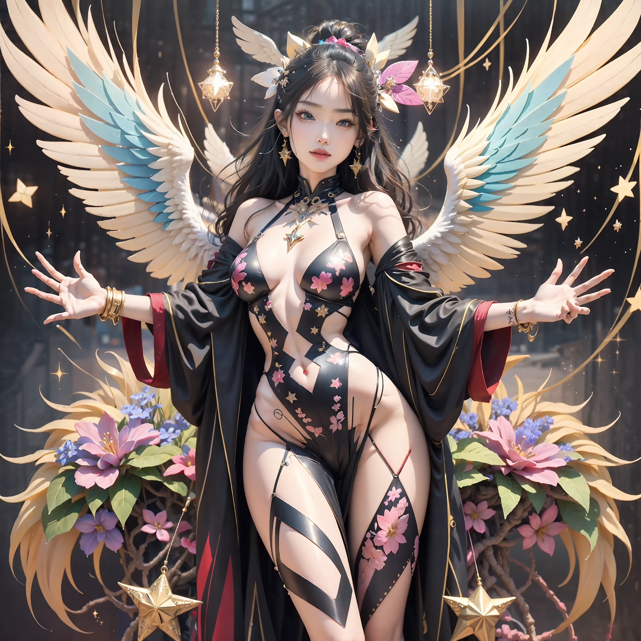 Futuristic fantastic girl on tarot cards, exquisite transparent skin, angel wings, sparkling universe, cyberpunk, full body, cute, sexy, very extreme and detailed details, attractive beautiful face, sparkly jewelry piercings, without breakdown of limbs, clean fingers, zentangle tattoo, floral ornament, flickering stars, golden ratio, Japan person